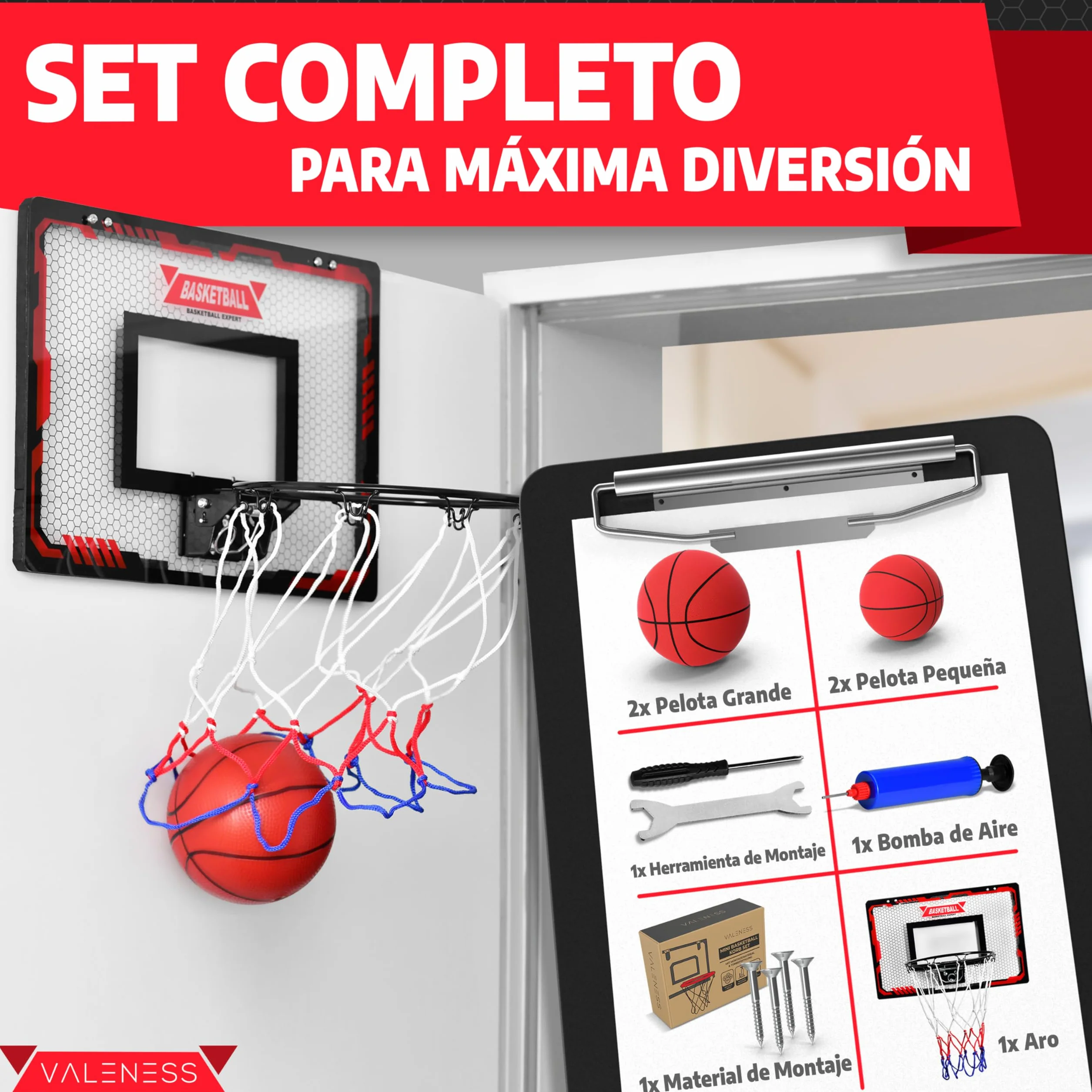 Mini Canasta de Baloncesto Interior [para Puerta & Pared] - Aro de Baloncesto Pequeño con Función de Mate, 4 Pelotas, Bomba & Accesorios de Montaje - para Niños y Adultos
