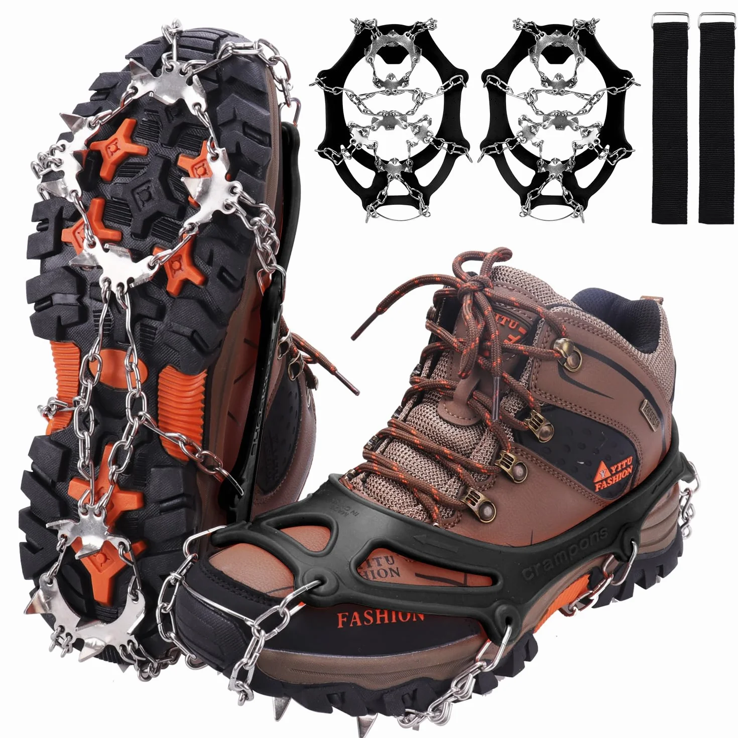 WIN.MAX Crampones, 19 Garras de Dientes Crampones Cubierta Antideslizante de Zapatos con Cadena de Acero Inoxidable para Excursiones Pesca Escalada Trotar sobre Nieve y Hielo