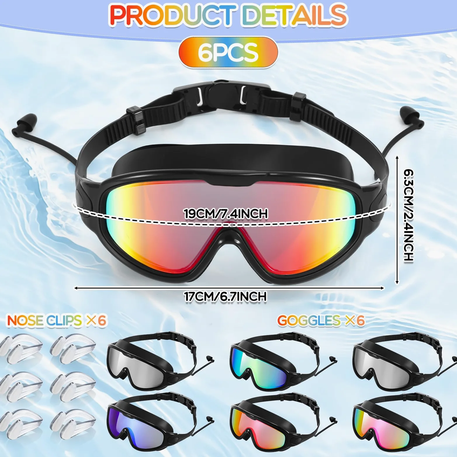 Kanayu 6 gafas de natación de visión amplia sin fugas, gafas de natación antivaho para adultos, con tapones para los oídos y clip de nariz para verano, adultos, hombres, mujeres, jóvenes, protección