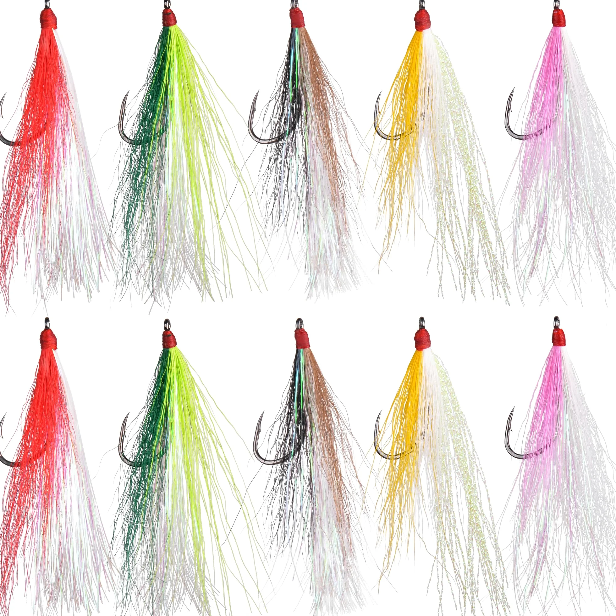 10 piezas Bucktail Teaser con ganchos de pesca, 5 colores, señuelos de pesca de cola de hebilla crastal Mylar Flash Faldas para trucha salmón mezcla de colores