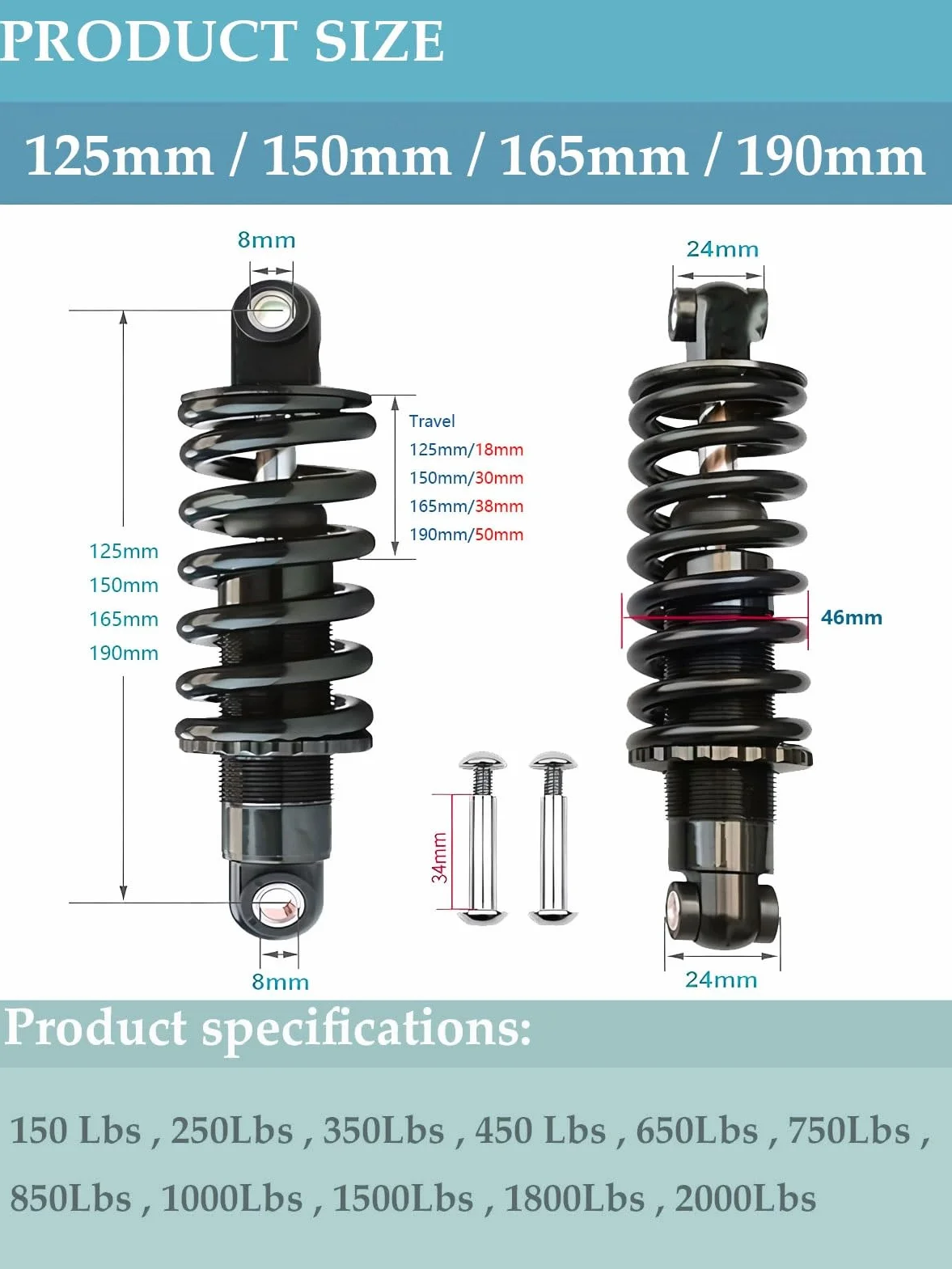 AuroraXQ Amortiguador Trasero Bici Montaña 125/150/165/190mm Suspensión MTB para E-Bike Bicicletas Plegables y Scooters(190mm,450 Lbs)
