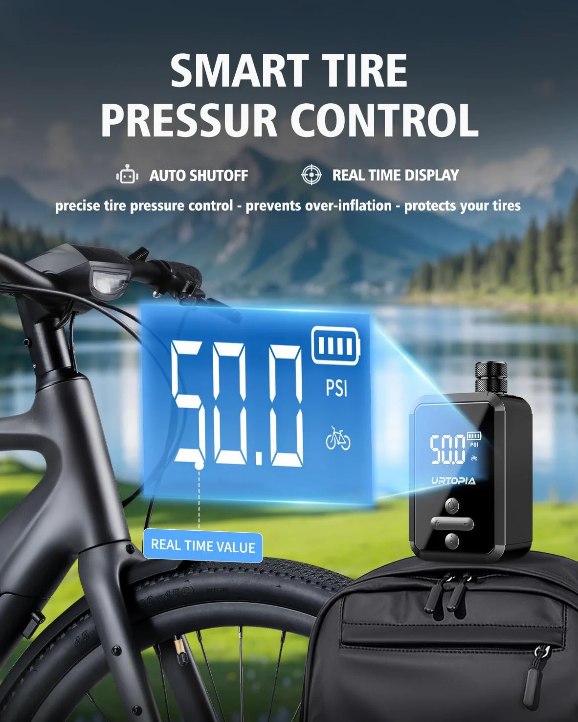 URTOPIA Bomba eléctrica para bicicleta, bomba de aire de inflado rápido con manómetro, hasta 150 PSI, disipación eficiente del calor, recargable, con luz LED brillante, bomba de bicicleta portátil