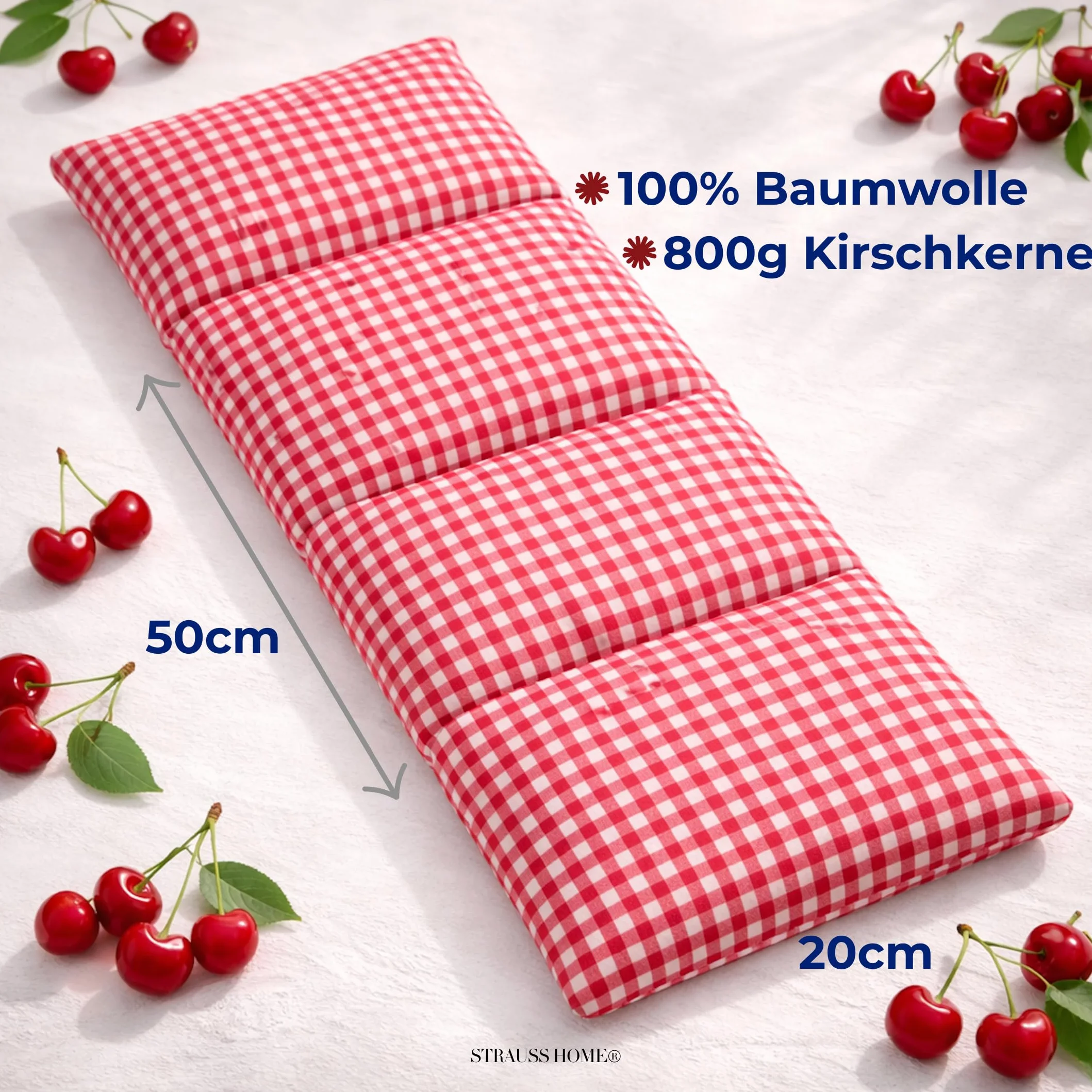 Strauss Home® Cojín de huesos de cereza grande, microondas, térmico para cuello y hombros, algodón, 50 x 20 cm rojo vintage