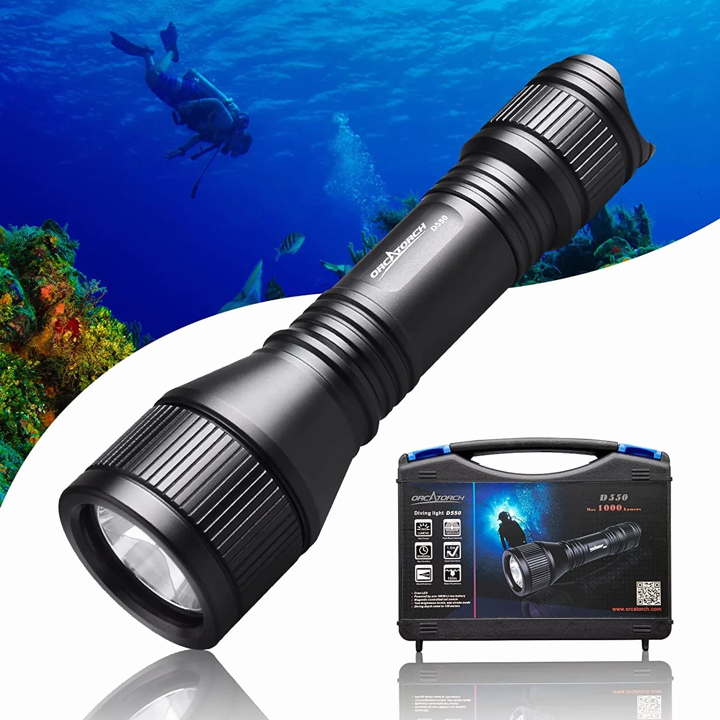 ORCATORCH D550 Linterna de Buceo, 1000 Lúmenes Super Brillante Bajo El Agua LED Linterna De Buceo Con 3 Modos, IP68 Impermeable Night Dive Antorcha 150 Metros Luz Sumergible