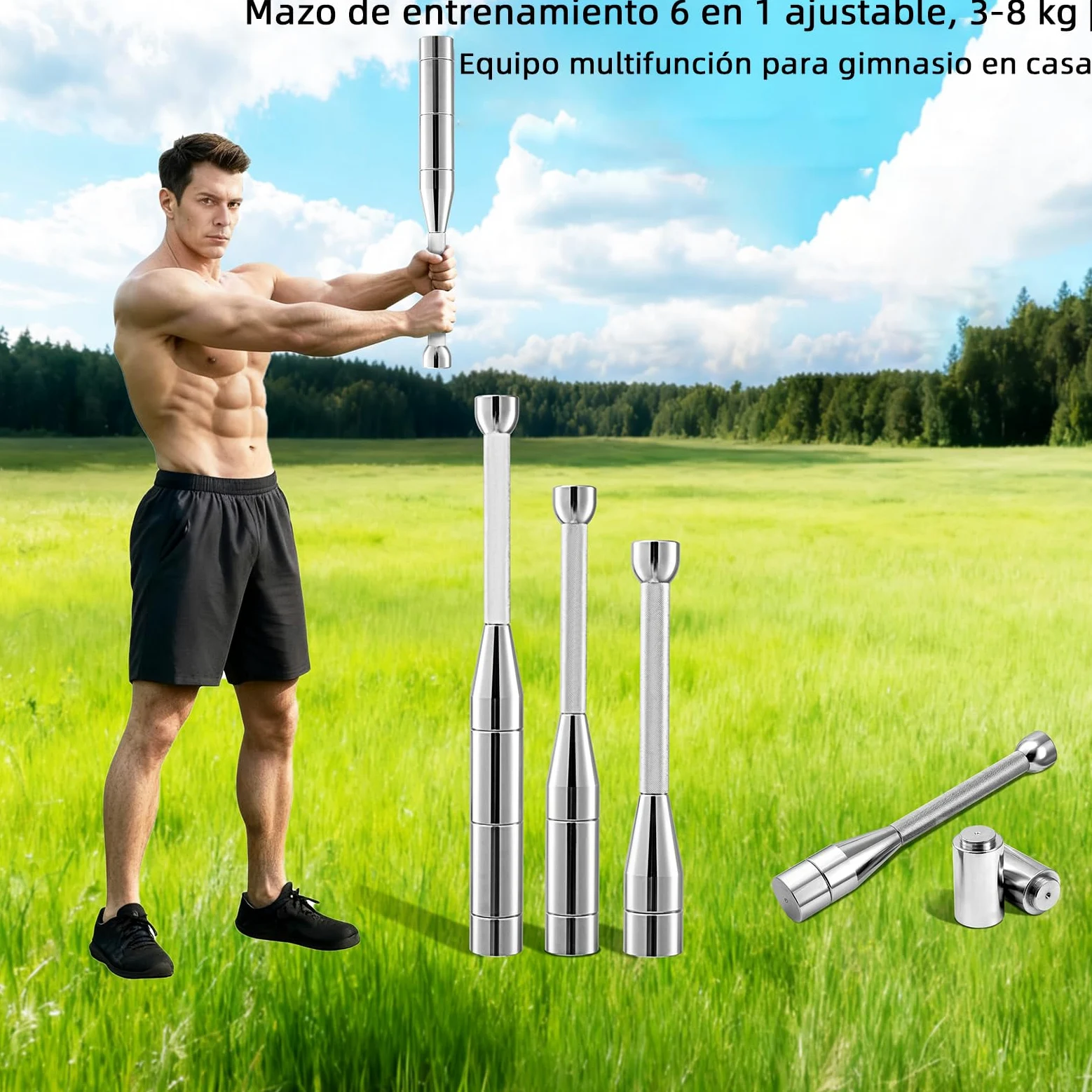 Mace Bell ajustable 6 en 1 – Club indio de acero para cuerpo completo, hombros, antebrazos, fitness, artes marciales mixtas, rehabilitación, con reforzador, probador de puntas y pesos ajustables (3