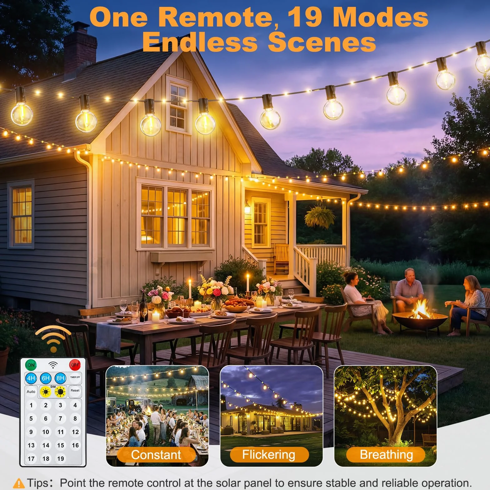 Guirnaldas Luces Exterior Solar 12M 39.4Ft Lámparas Solares de Jardín con 14+1 G40 Bombillas 26 Perlas LED 19 Modos Impermeable