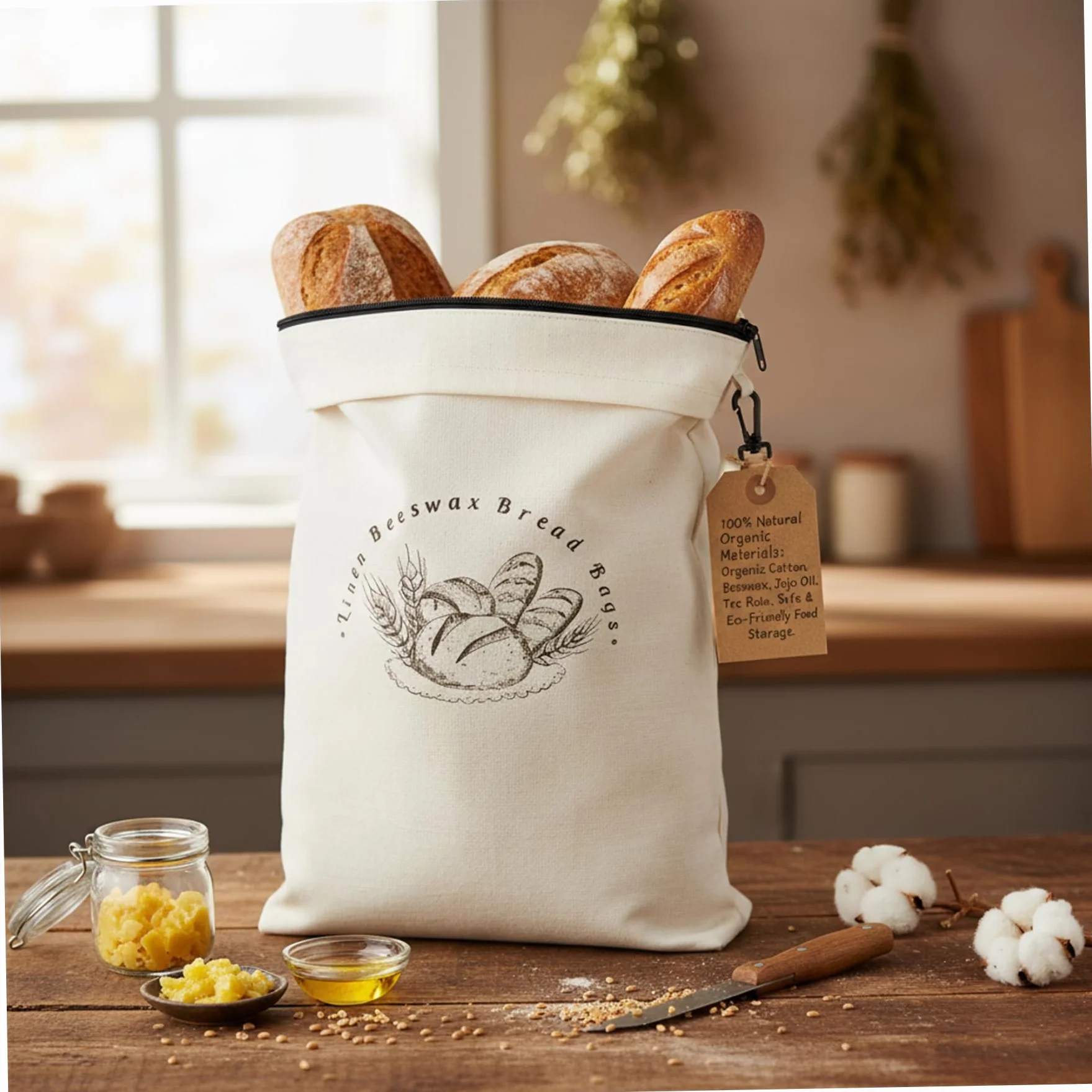 Bolsas de pan de cera de abejas reutilizables, paquete de 2, con cremallera y correa, algodón orgánico, 17 cm