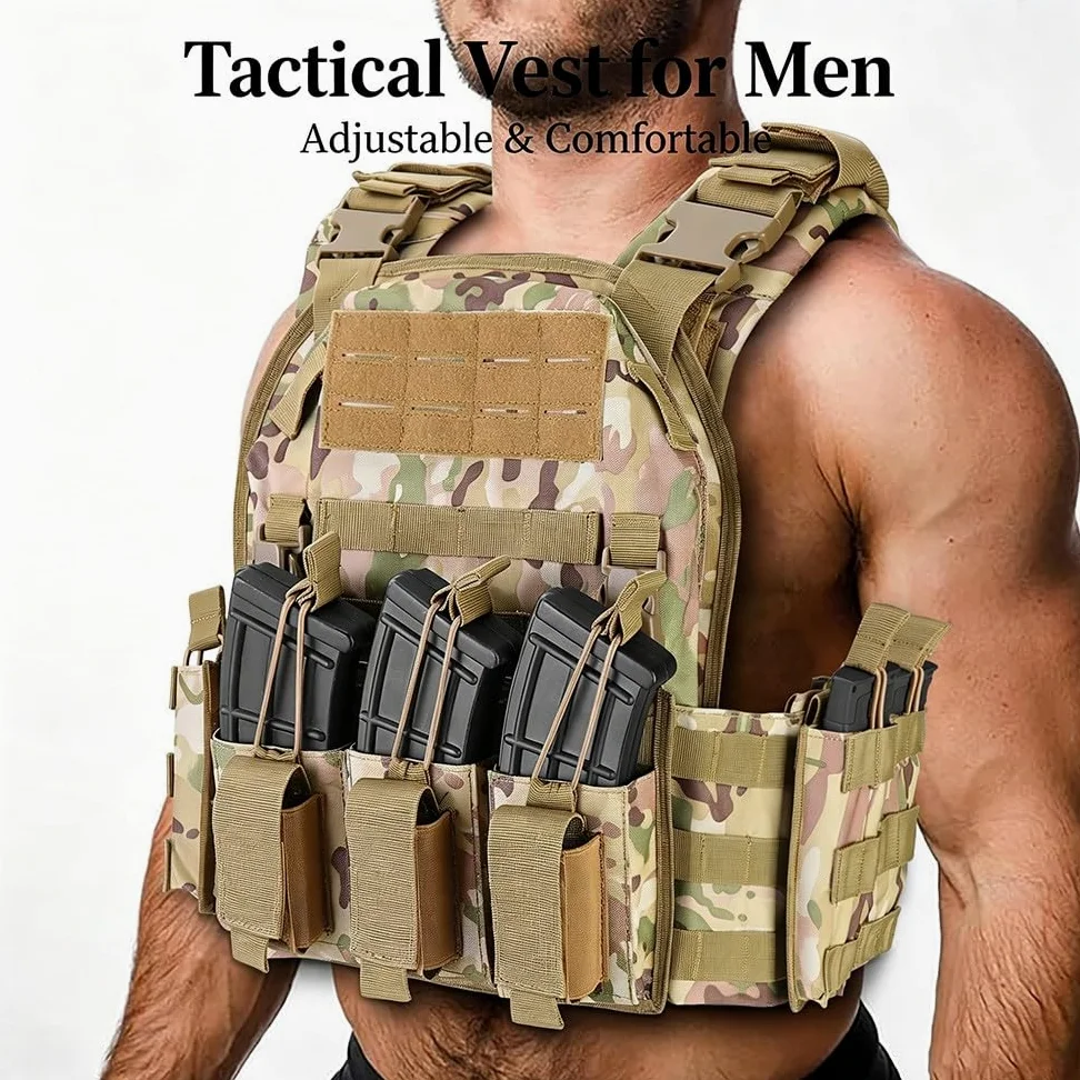 Chaleco Táctico Airsoft,Ajustable con Sistema MOLLE y Liberación Rápida, Chaleco Ligero y Transpirable con Bolsillos Modulares para Paintball Senderismo Caza Camping Outdoor