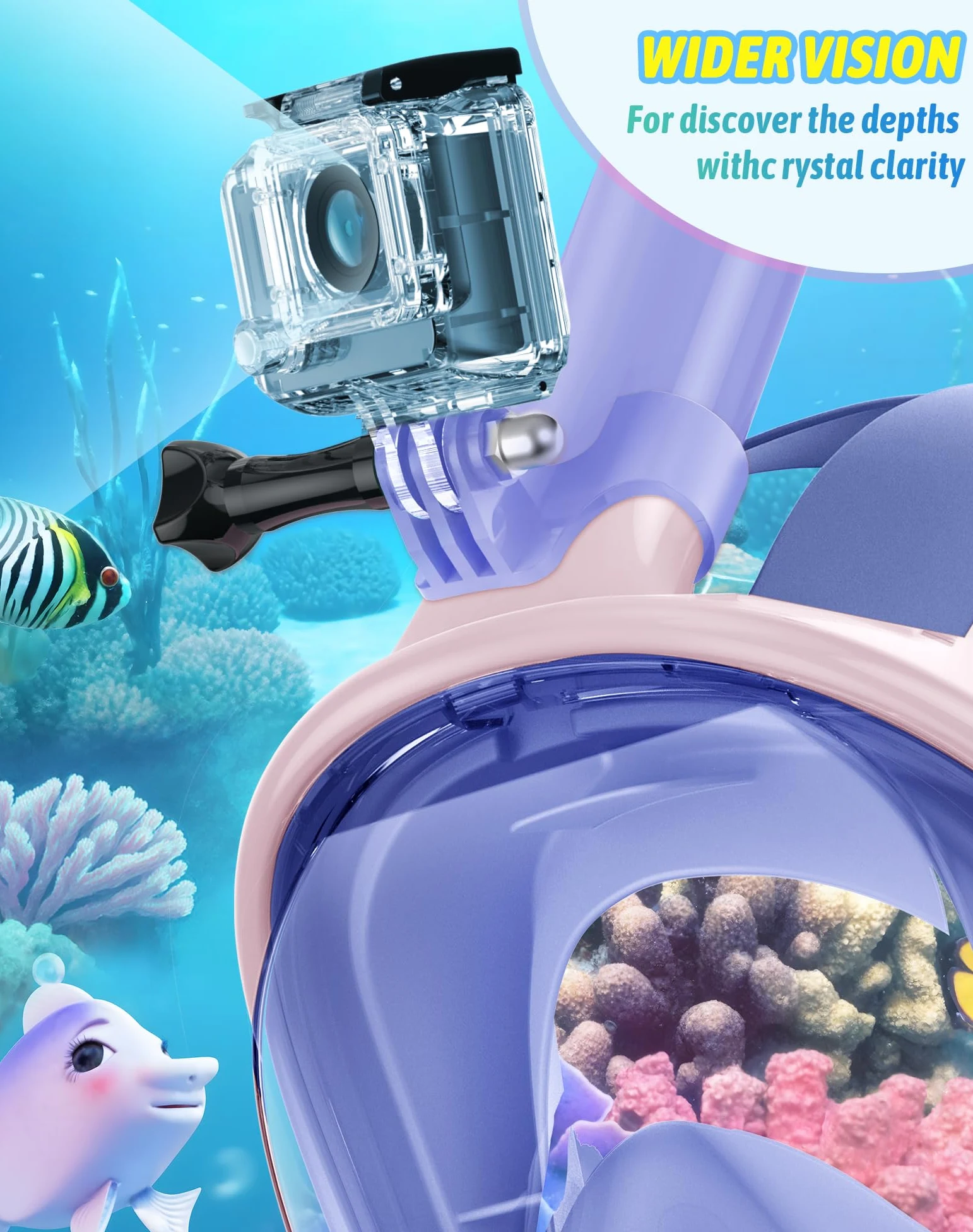 Máscara de esnórquel para niños, equipo de esnórquel con sistema de respiración suave seguro, antivaho a prueba de fugas, máscara de buceo de visión amplia con soporte extraíble para cámara y bolsa de