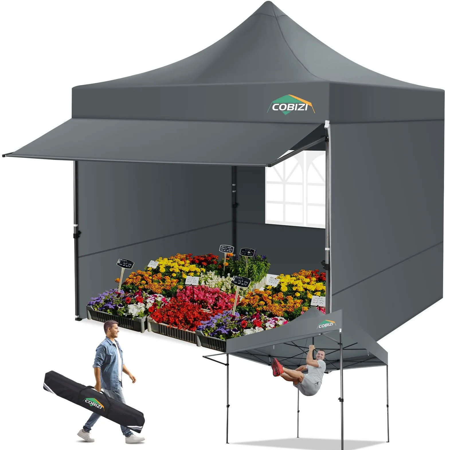 COBIZI - Tienda con Dosel Pop-up de 3 x 3 m con toldo y Paredes Laterales, Carpas comerciales de 3 x 3 m, Impermeable instantánea, Parasol UPF 50+, para Exteriores, Fiestas, mercados (Gris)