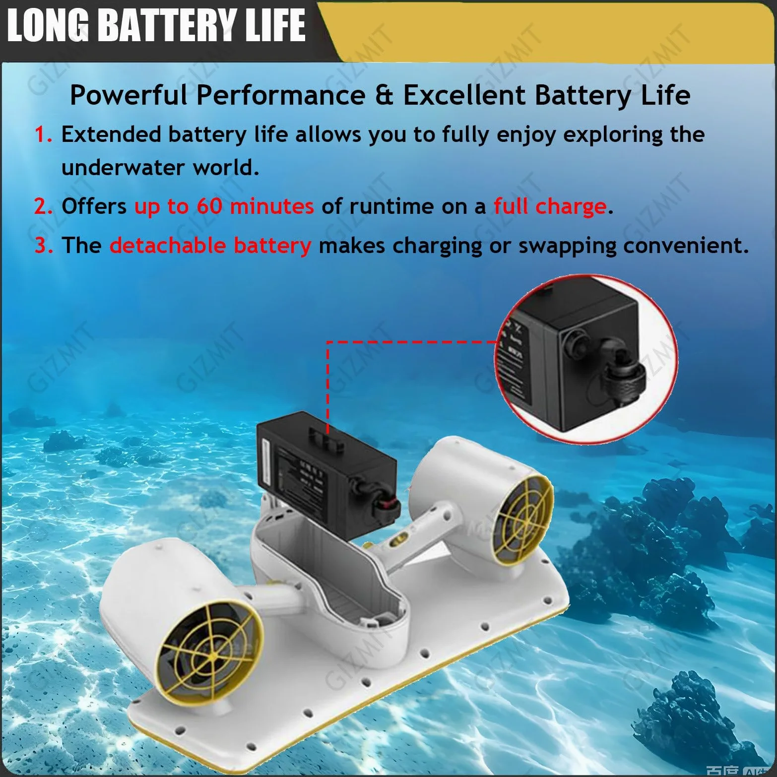 Scooter Submarino, propulsor acuático de Doble Motor con Soporte para cámara de acción, 2 Modos de Velocidad y batería extraíble; Ideal para Buceo y natación en Piscina. Black