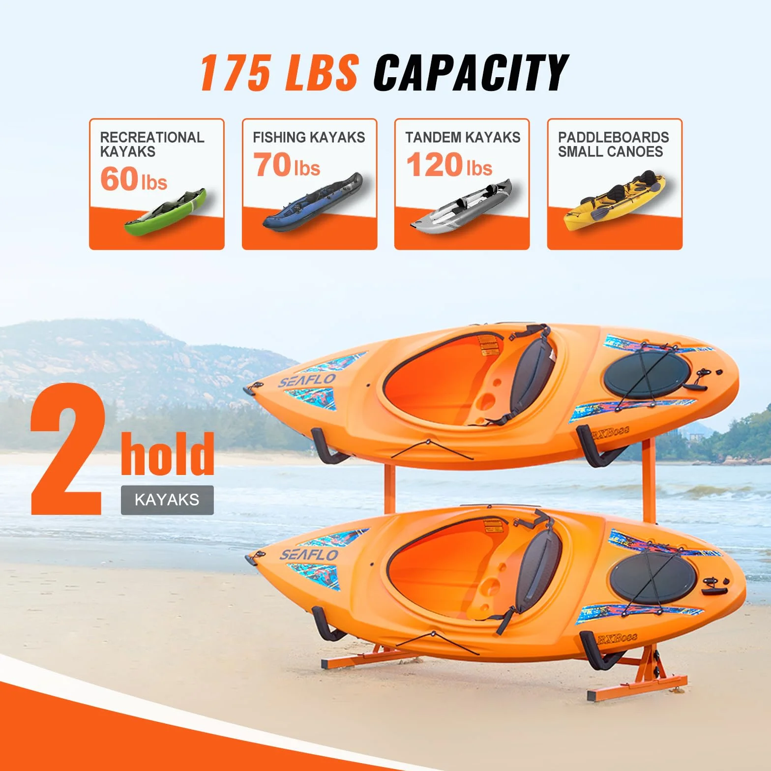 VEVOR Soporte para Kayak Independiente, 2 Piezas de Capacidad, Porta Kayak, Remo para Canoa, Soporte para Tabla de Remo de Acero Resistente con Brazos Acolchados, Ancho Ajustable, Carga 79 kg