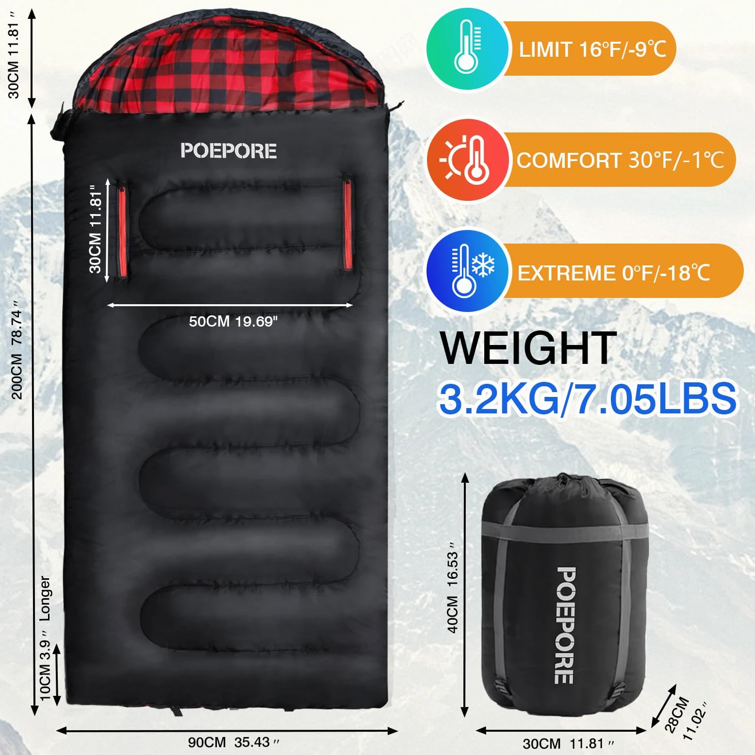 Saco de dormir de franela de algodón de 0 grados para clima frío para adultos, XXL, saco de dormir portátil para 4 estaciones, impermeable, con saco de compresión