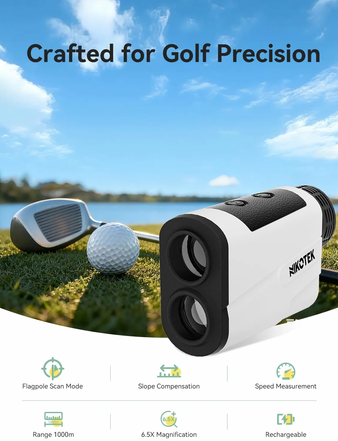 NIKOTEK Buscador de rango de golf con pendiente, 1000 m/1093 yardas recargable, bloqueo de bandera, medición de escaneo para golfistas, funda de transporte