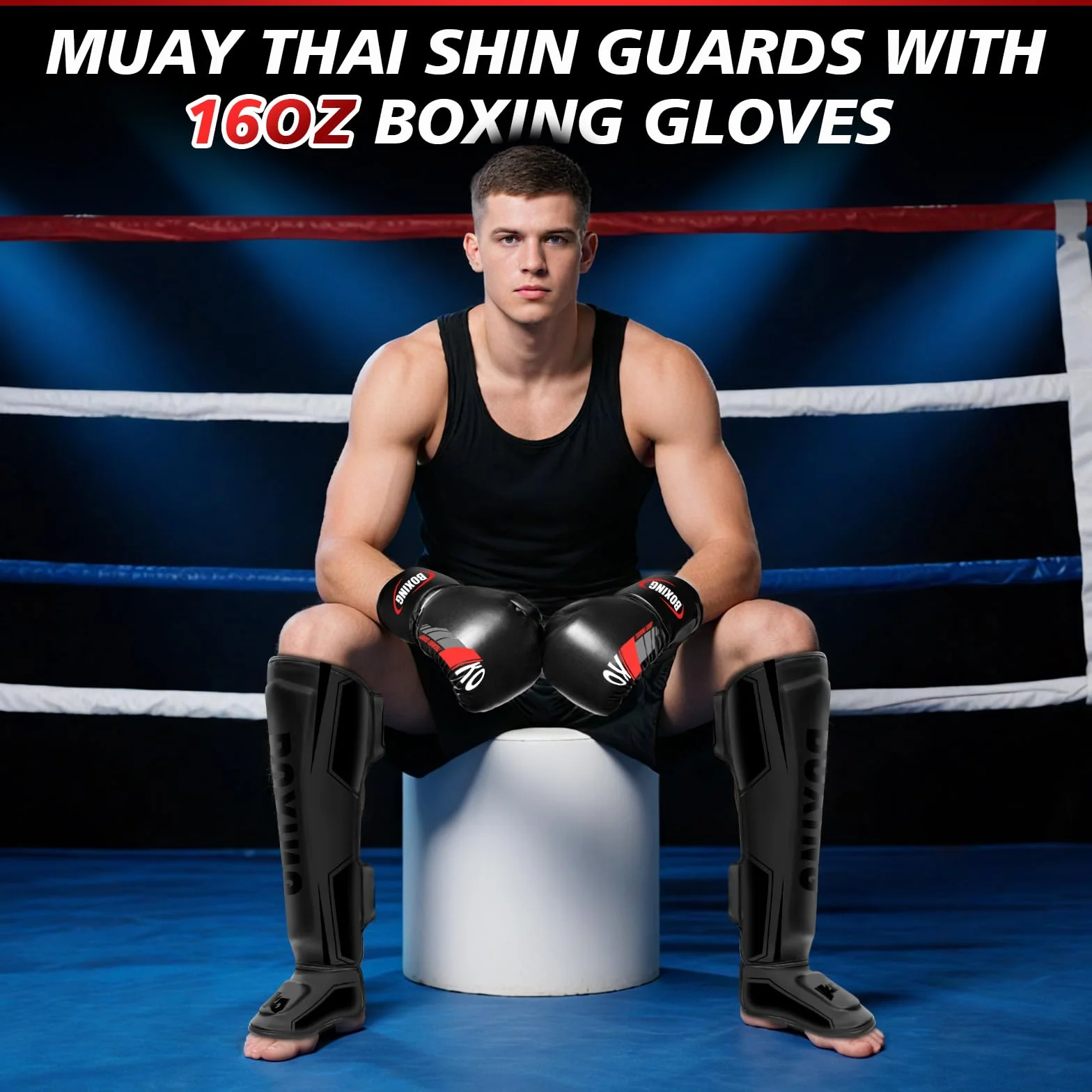 NZQXJXZ Espinilleras de Kickboxing con Guantes de Boxeo 16 oz, Protectores de Piernas Ajustables para Entrenamiento MMA