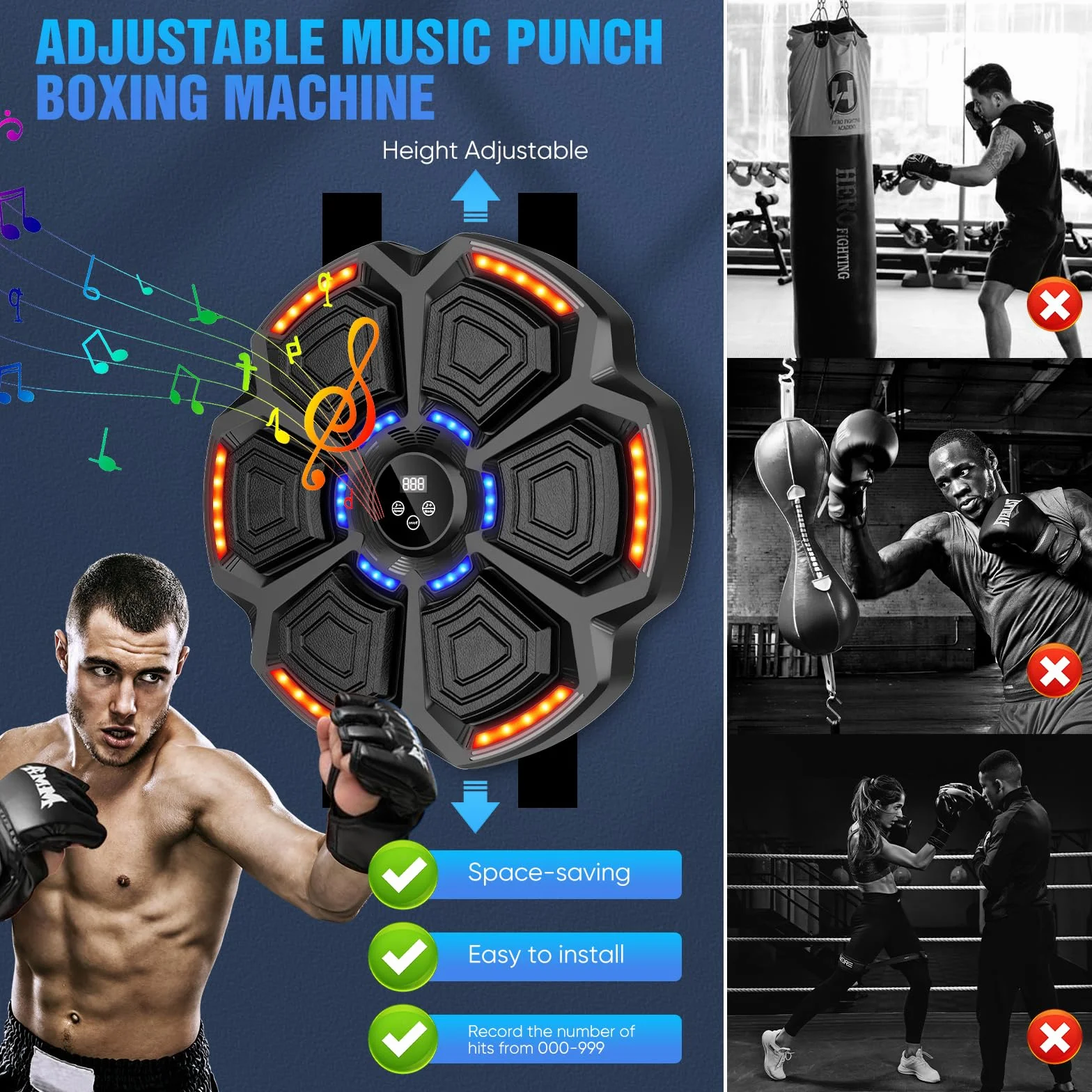 Máquina de boxeo musical Smart LED Bluetooth con guantes y diana de pared 9 modos de velocidad