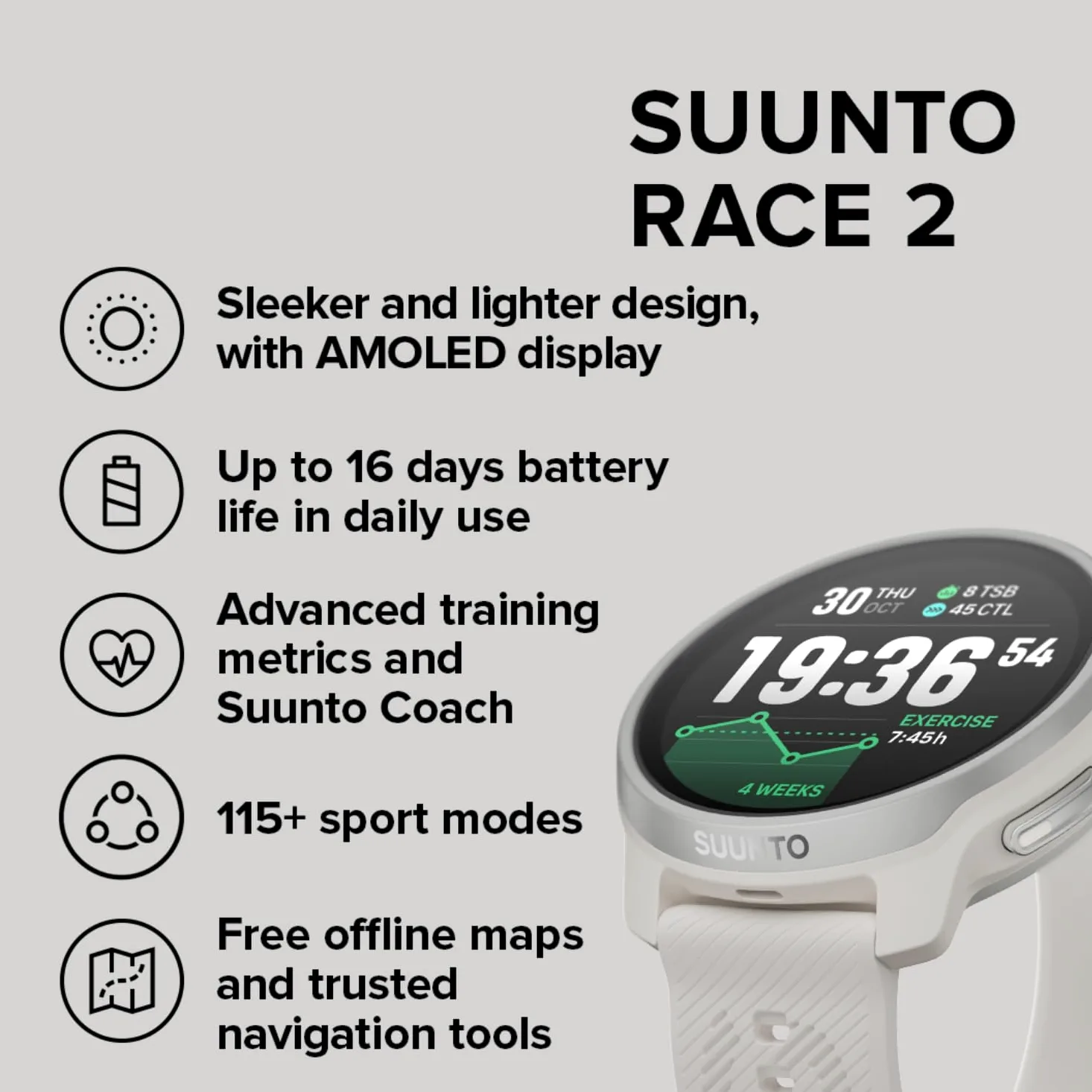 SUUNTO Reloj deportivo Race 2 GPS, pantalla táctil AMOLED de 1.5 pulgadas con corona, 16 días de duración de la batería, métricas de entrenamiento e información de recuperación, doble GNSS, mapas