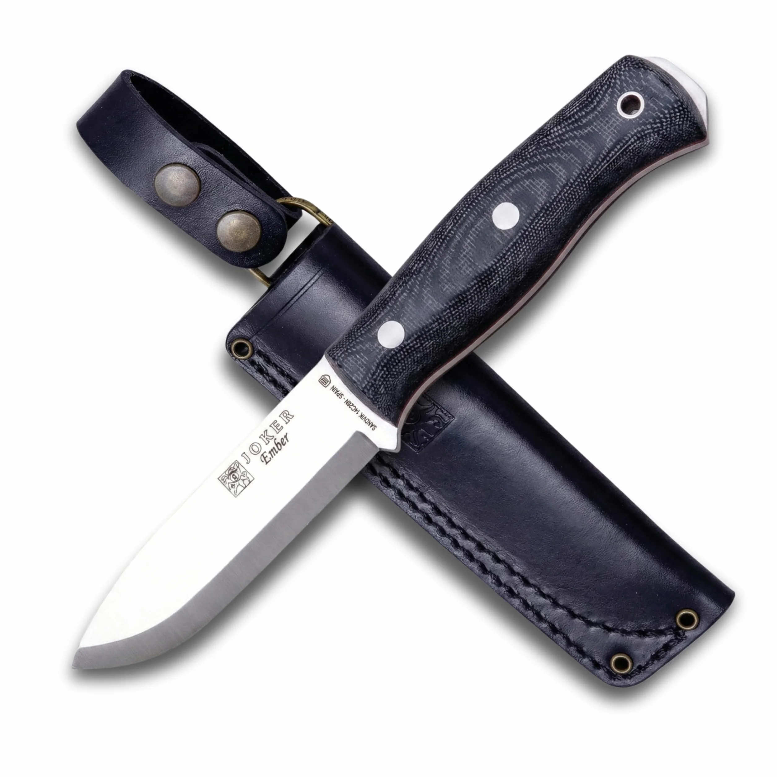 Joker Cuchillo de Supervivencia Ember Scandi CM122, hoja de 10,5 cms, mango Micarta Canvas, funda piel, incluye paracord, Herramienta de pesca, caza, camping y senderismo