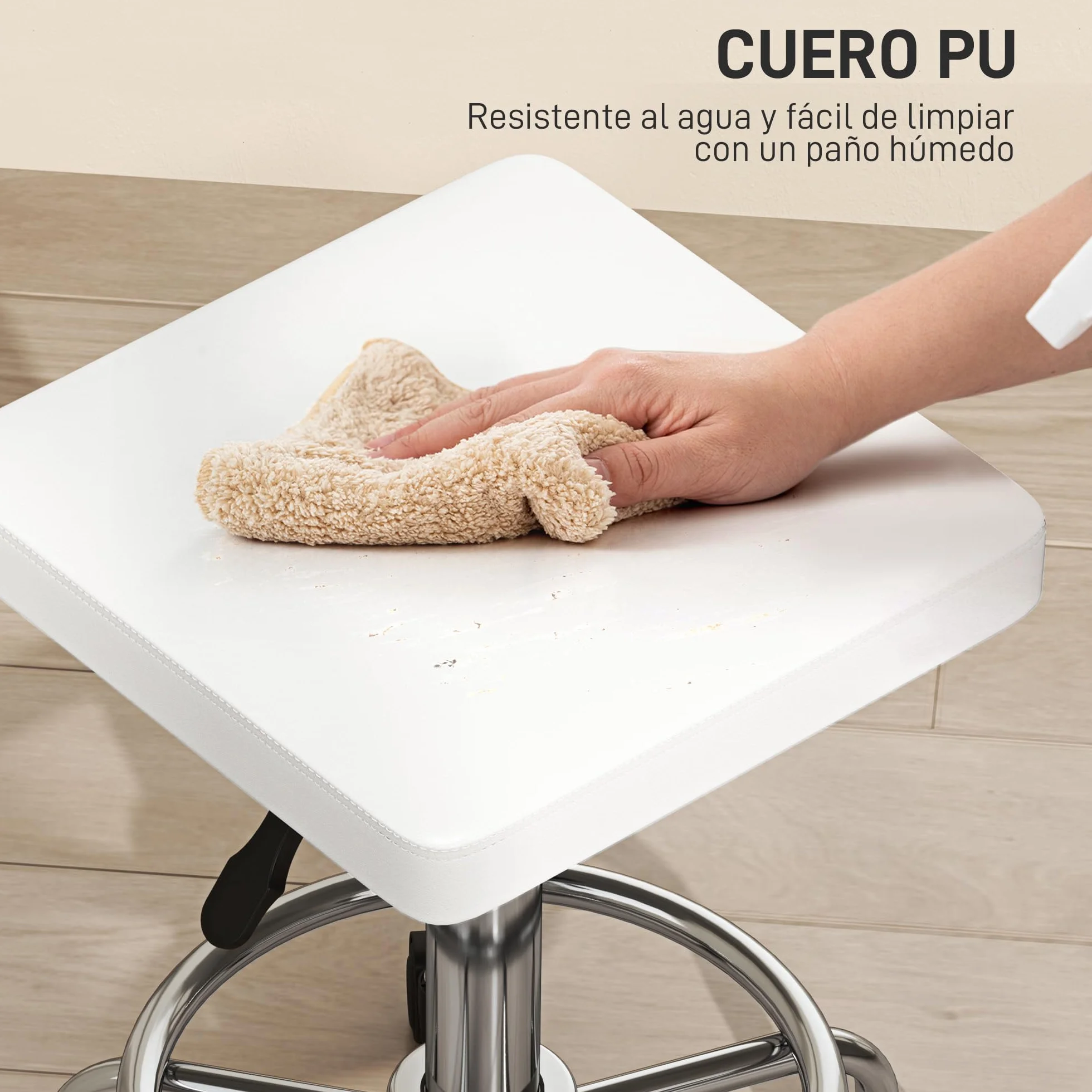 HOMCOM Taburete Giratorio con Ruedas Altura Regulable 50-66 cm Asiento Tapizado Cuero Sintético Blanco