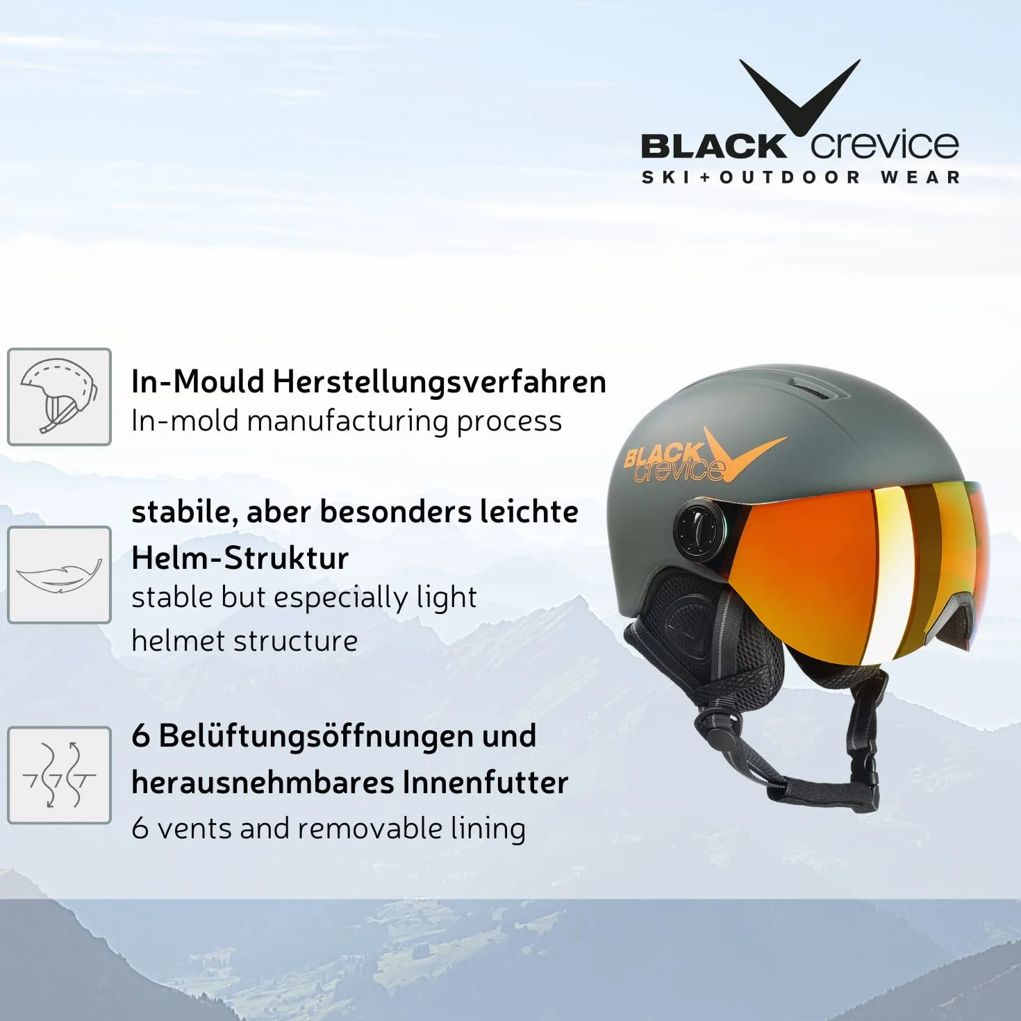 BLACK CREVICE Casco de esquí para niños Leogang Visera Estilo Piloto Transpirable Tamaño Ajustable