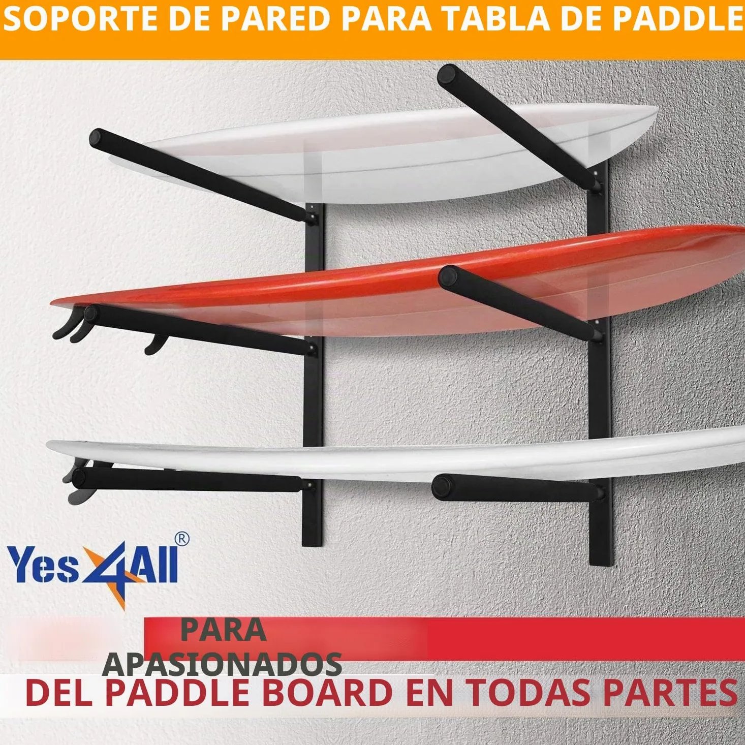 Yes4All Soportes de pared para tablas de paddle, Soportes para tablas de surf con acolchado de espuma, Almacena y exhibe hasta 3 tablas de surf, snowboards, longboards, negro