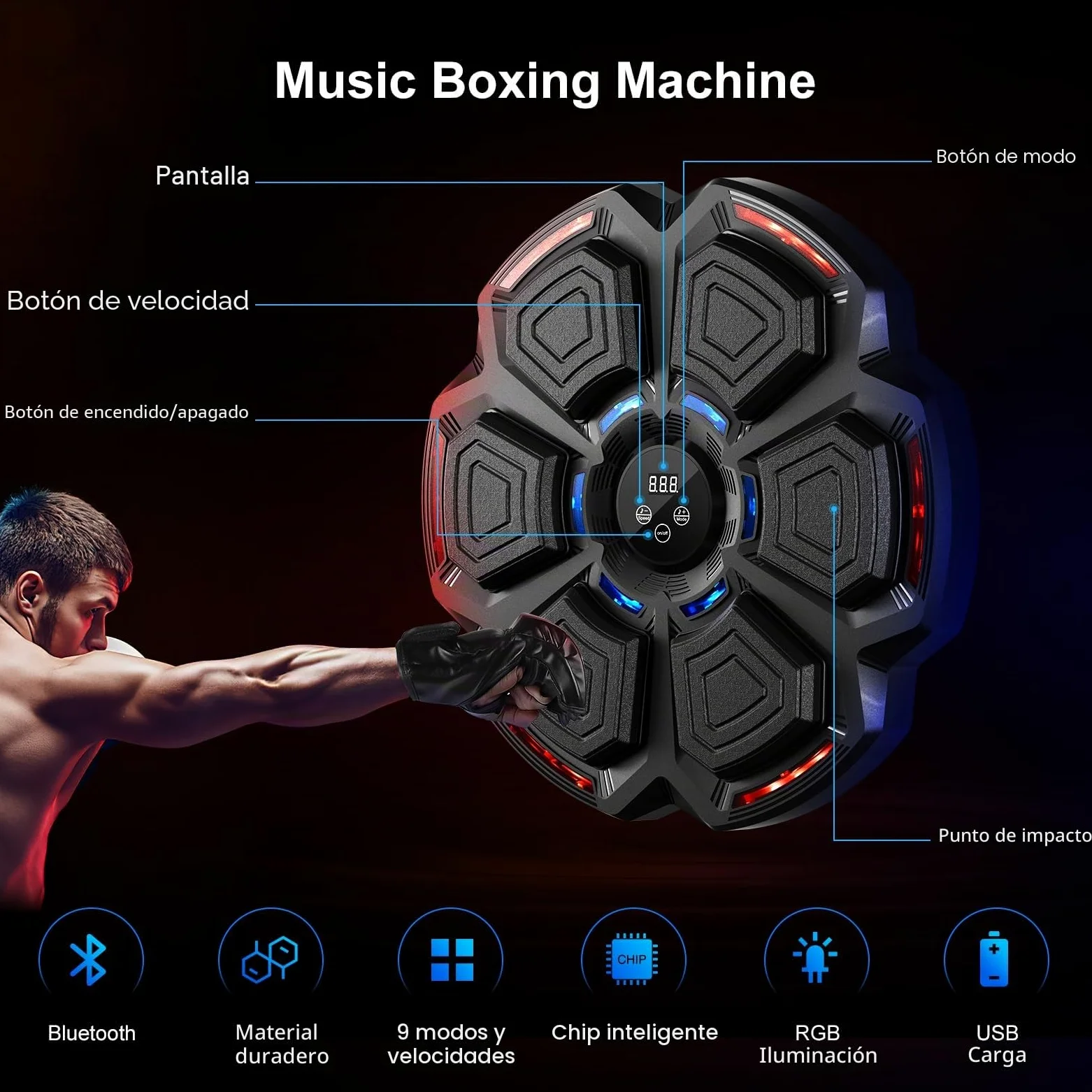 FOOING Máquina de Boxeo Musical Inteligente con Bluetooth, Luces LED y Niveles de Velocidad para Adultos y Niños, Equipo de Entrenamiento para Aliviar el Estrés con Guantes de Boxeo y Práctica Casa