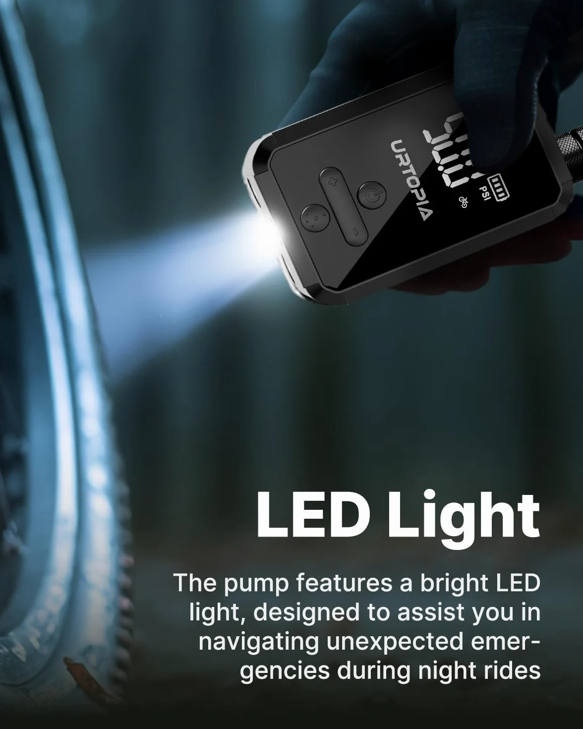 URTOPIA Bomba eléctrica para bicicleta, bomba de aire de inflado rápido con manómetro, hasta 150 PSI, disipación eficiente del calor, recargable, con luz LED brillante, bomba de bicicleta portátil