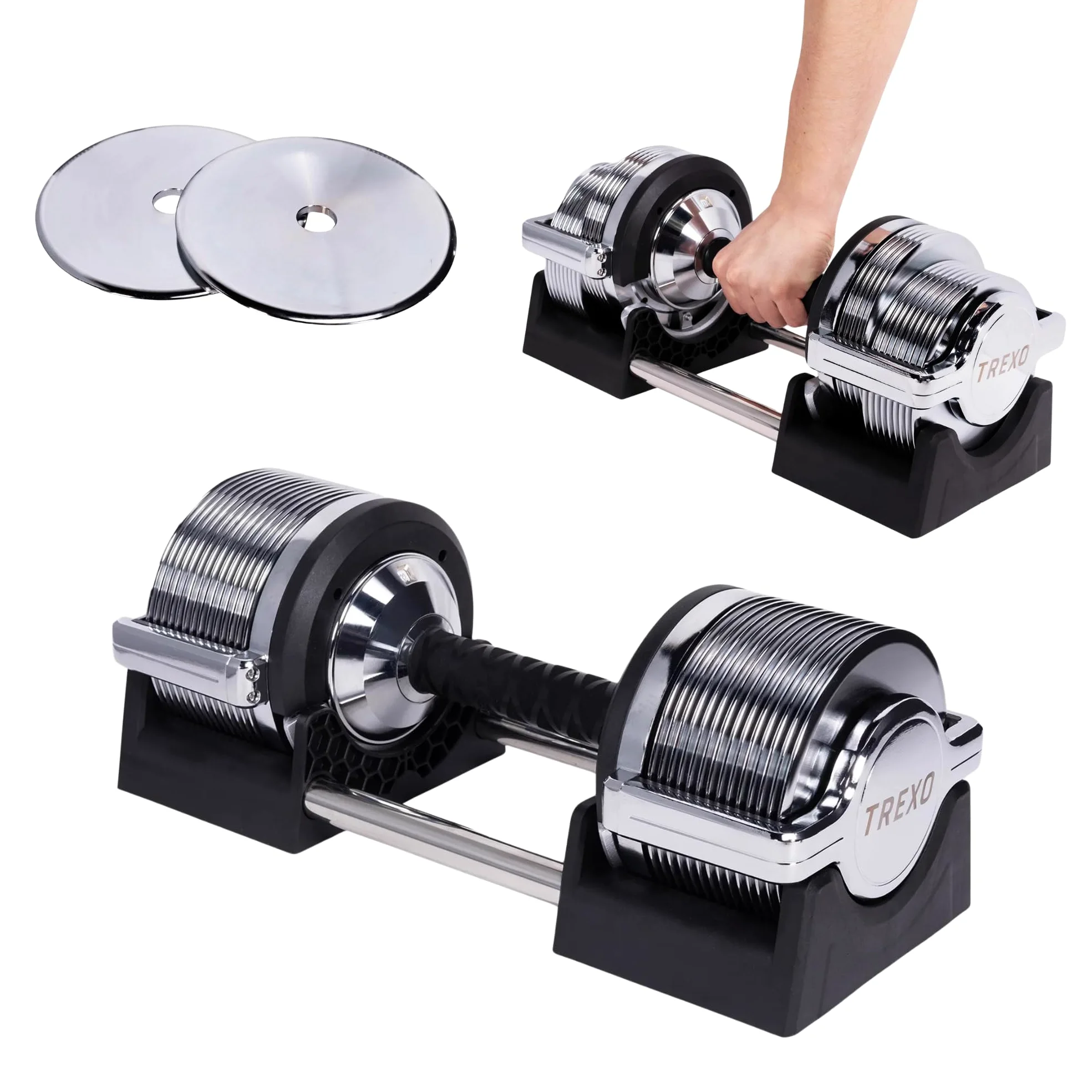 TREXO Mancuerna Ajustable Cromada 32 kg para Entrenamiento de Fuerza con 30 Niveles de Ajuste Mancurenas Ajustables Para Principiantes y Profesionales Para Fitness con Mango Ergonómico Antideslizante