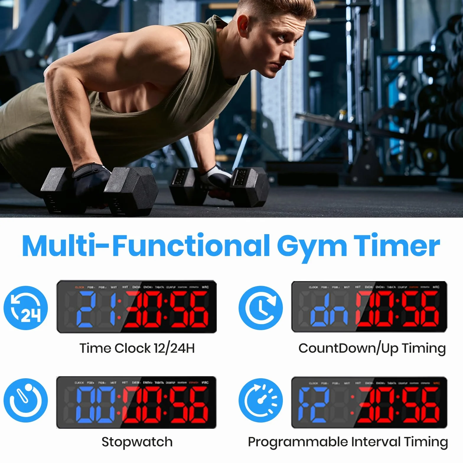 Temporizador de Gimnasio LED 16.5" Grande Reloj de Pared Digital con Countdown & Up Cronómetro, Brillo y Volumen Ajustable, Control Remoto