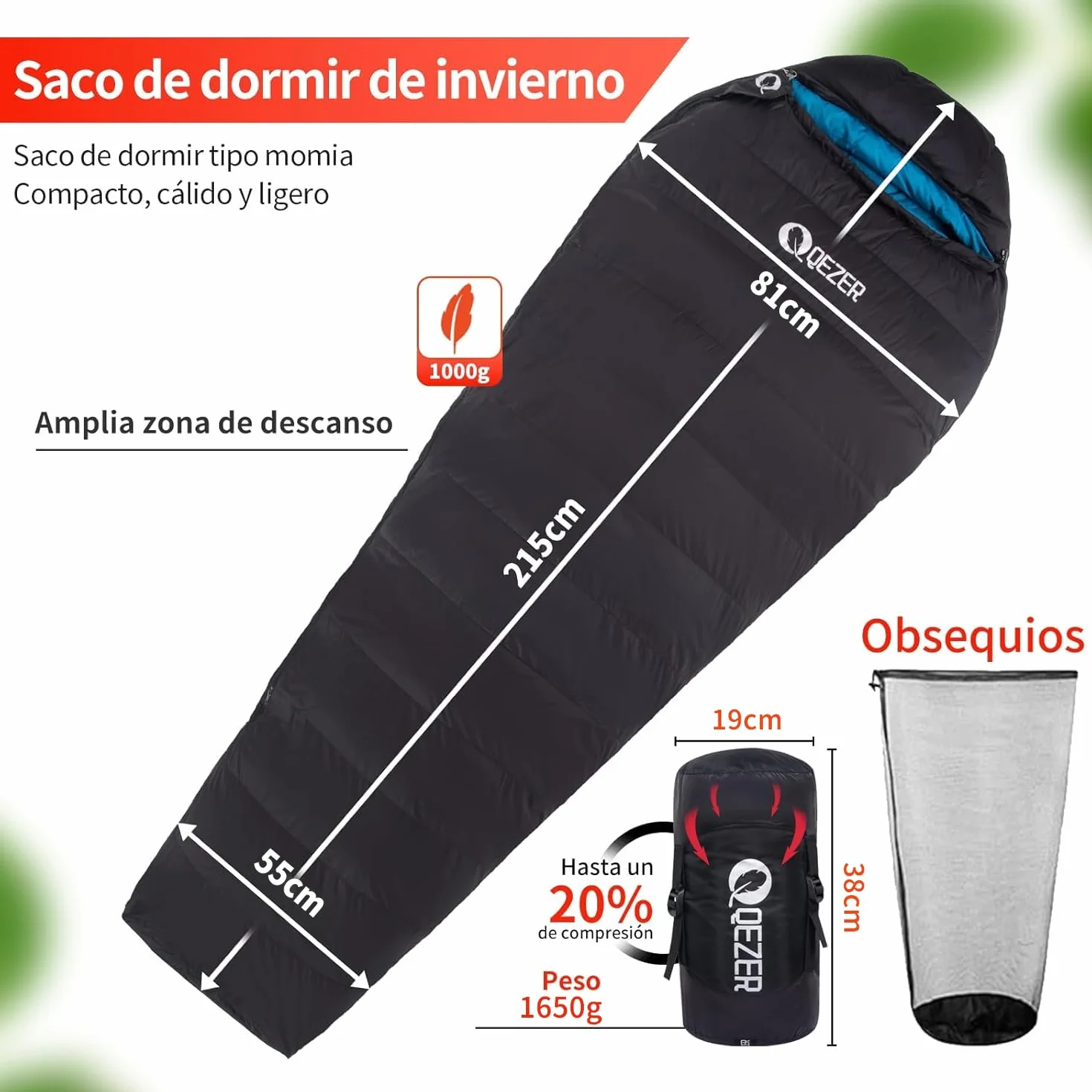 [Plumón] Saco de Dormir 0 Grados [-28℃~8℃] Saco de Dormir de Invierno 1kg/1.5kg Relleno de plumón - Adultos y niños-Sleeping Bag para Camping, Senderismo y Acampada