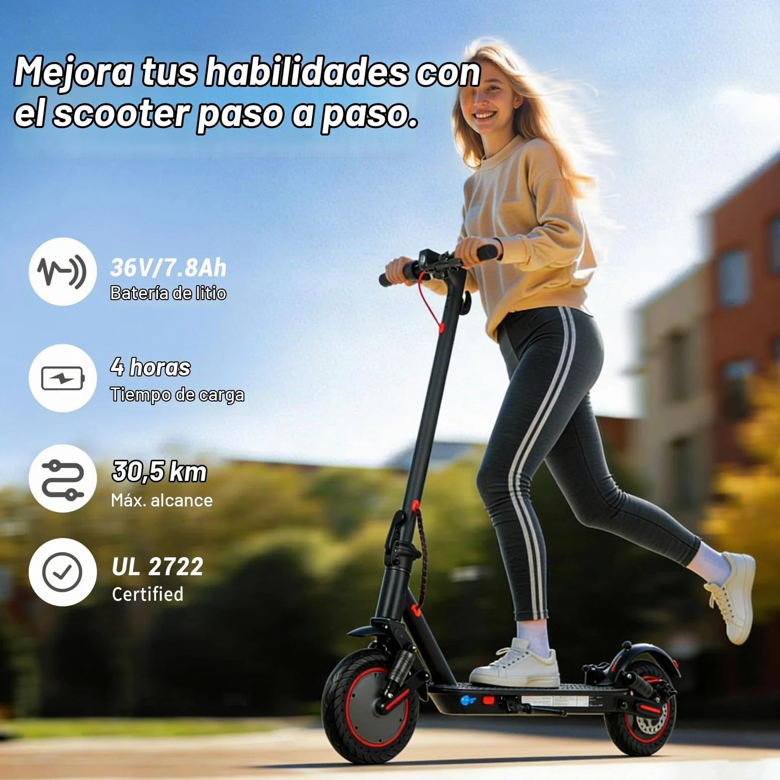 Patinete Eléctrico Adultos 350W, Velocidad Máx 25 km/h, Autonomía 25-30 km, Ruedas Antipinchazos de 10", Doble Suspensión, Freno Electrónico + Freno de Disco, Plegable, Carga Máx 120 kg, IPX5