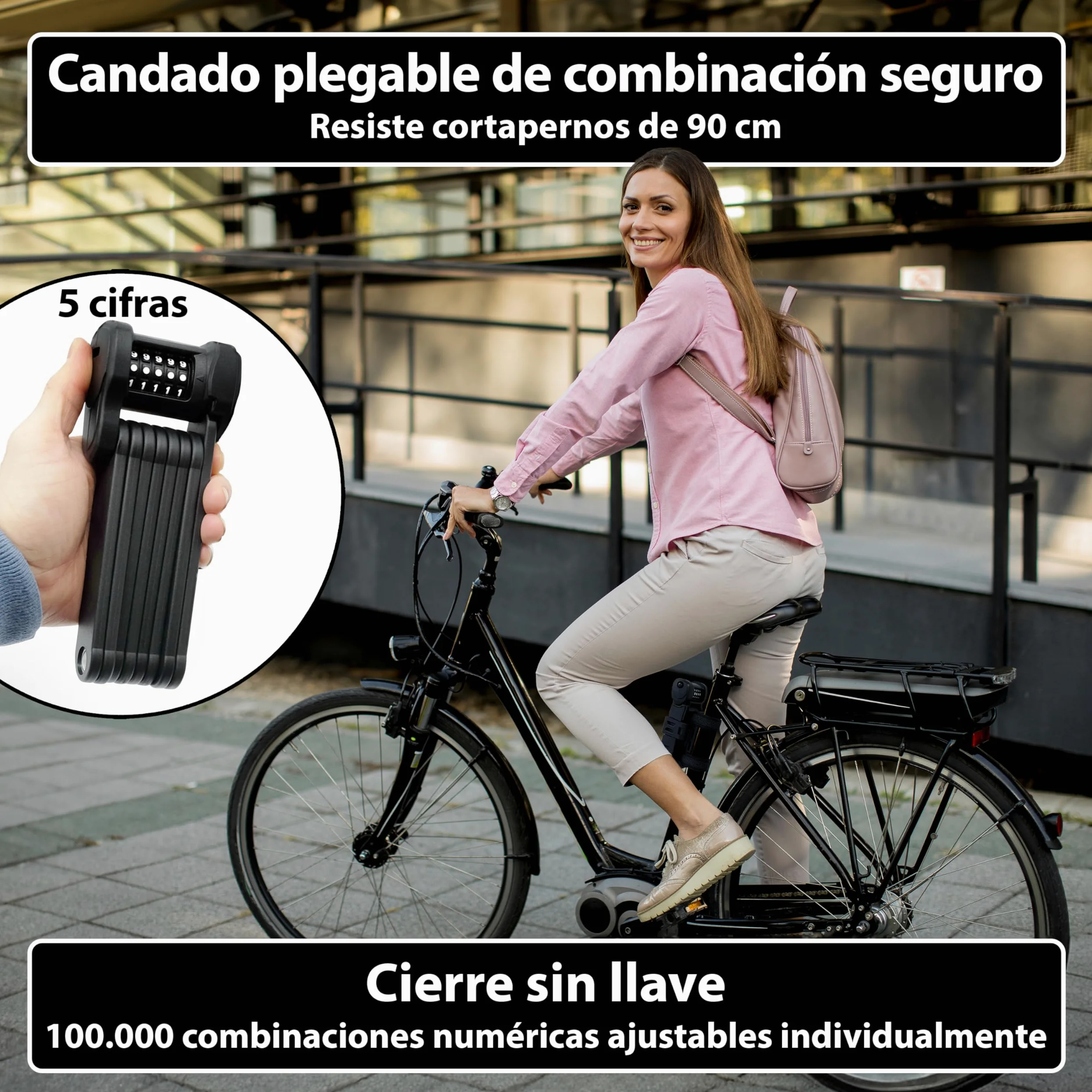 KOHLBURG Candado de bicicleta de combinación con código | 101 cm de largo | Repele cortapernos, código de 5 cifras, candado plegable con soporte, alta seguridad, para bicicleta, scooter y e-bike