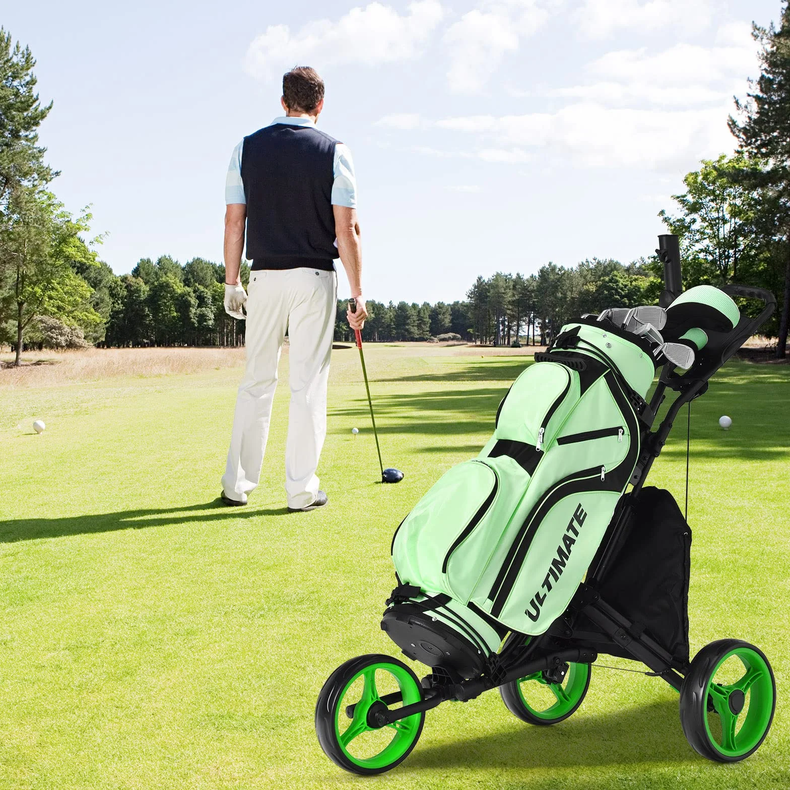 COSTWAY Carro de Golf Plegable 3 Ruedas con Bolsa Aluminio, Paraguas Regulable y Portavaso