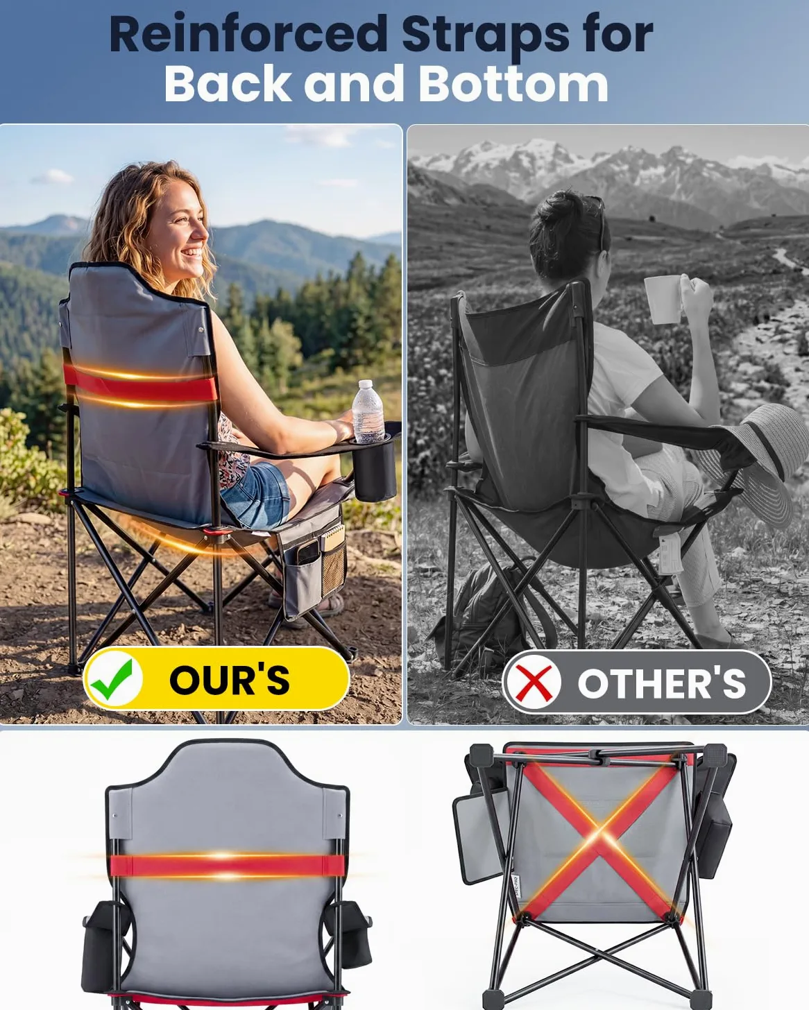YEAUPE PRO Silla de Camping Plegable y Acolchada,Respaldo Alto,hasta 150 kg | Sillas de Pesca Extra Cómoda, con Bolsa Térmica, Portavasos y Bolsa de Transporte, para Camping, Playa, Festivales