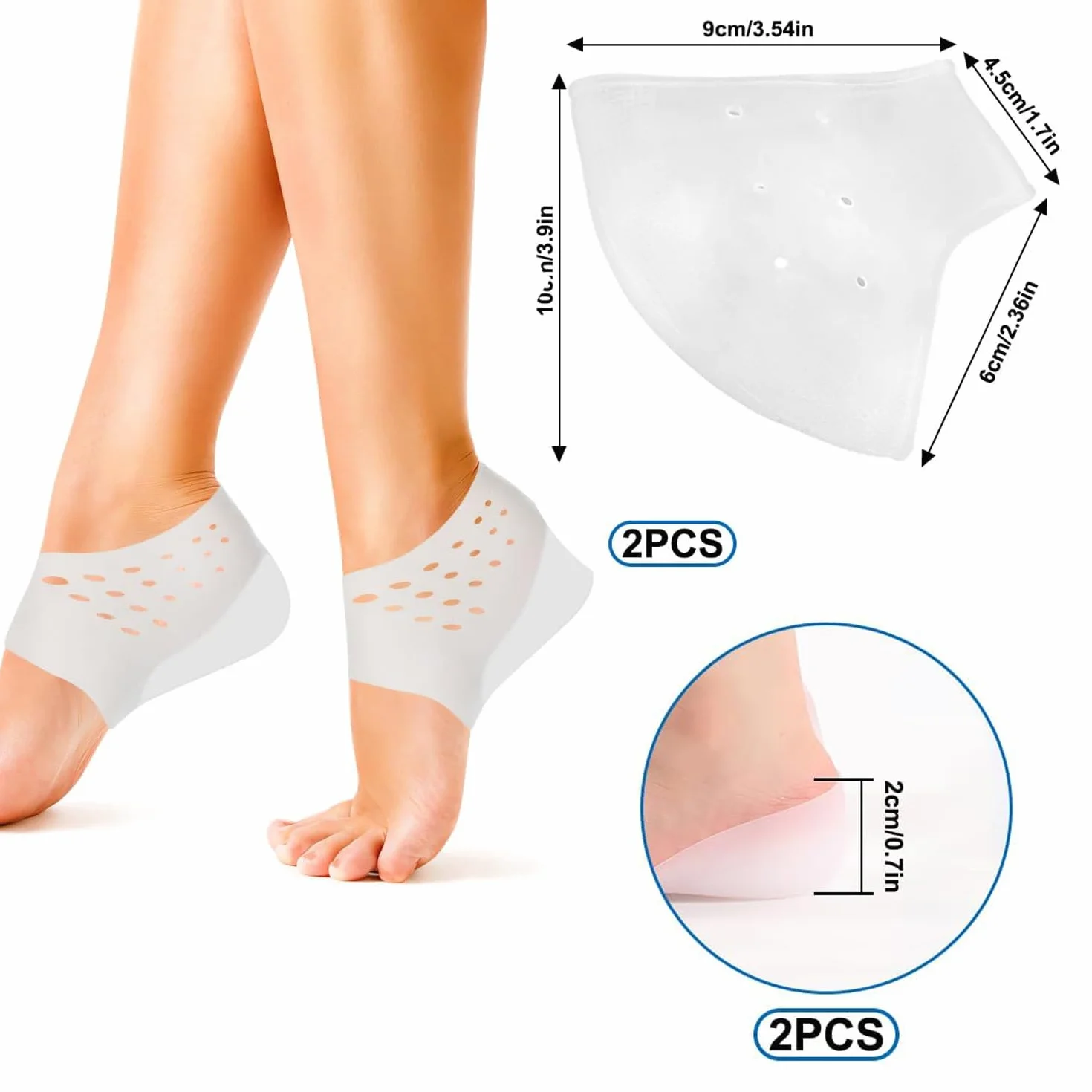 MEISO 4 Piezas Talonera Silicona Protector Talón Tobillo Aumento Altura 2 cm Almohadilla Fascitis Plantar