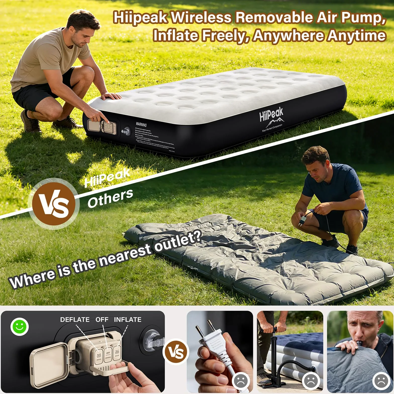 HiiPeak Colchón de aire individual de lujo con bomba integrada, cubrecolchón de gamuza suave para una comodidad superior, colchón inflable, cama de aire portátil para camping, invitados y hogar