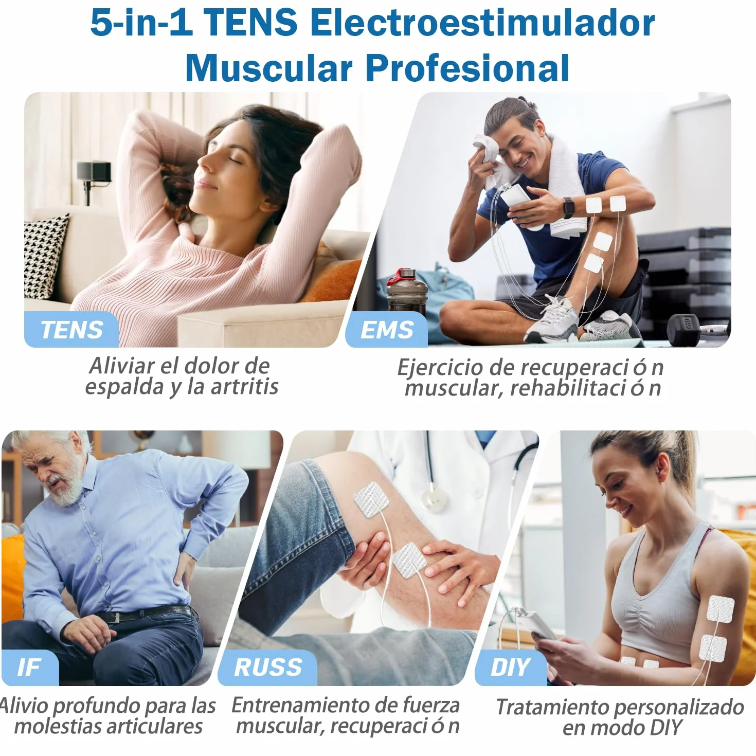 GHTENS Electroestimulador Muscular 5 en 1 Recargable 80 Modos TENS/EMS/RUSS/IF/DIY Masaje 2 Canales 16 Intensidades Alivio Dolor Blanco