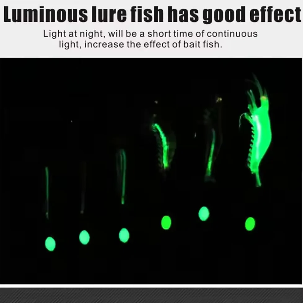 Cebos de pesca, Camarones luminosos artificiales,Señuelo de pesca luminoso,con anzuelo afilado,Señuelo de silicona suave,Gancho afilado for aparejos de camarones,Juego de cebo suave de silicona artifi