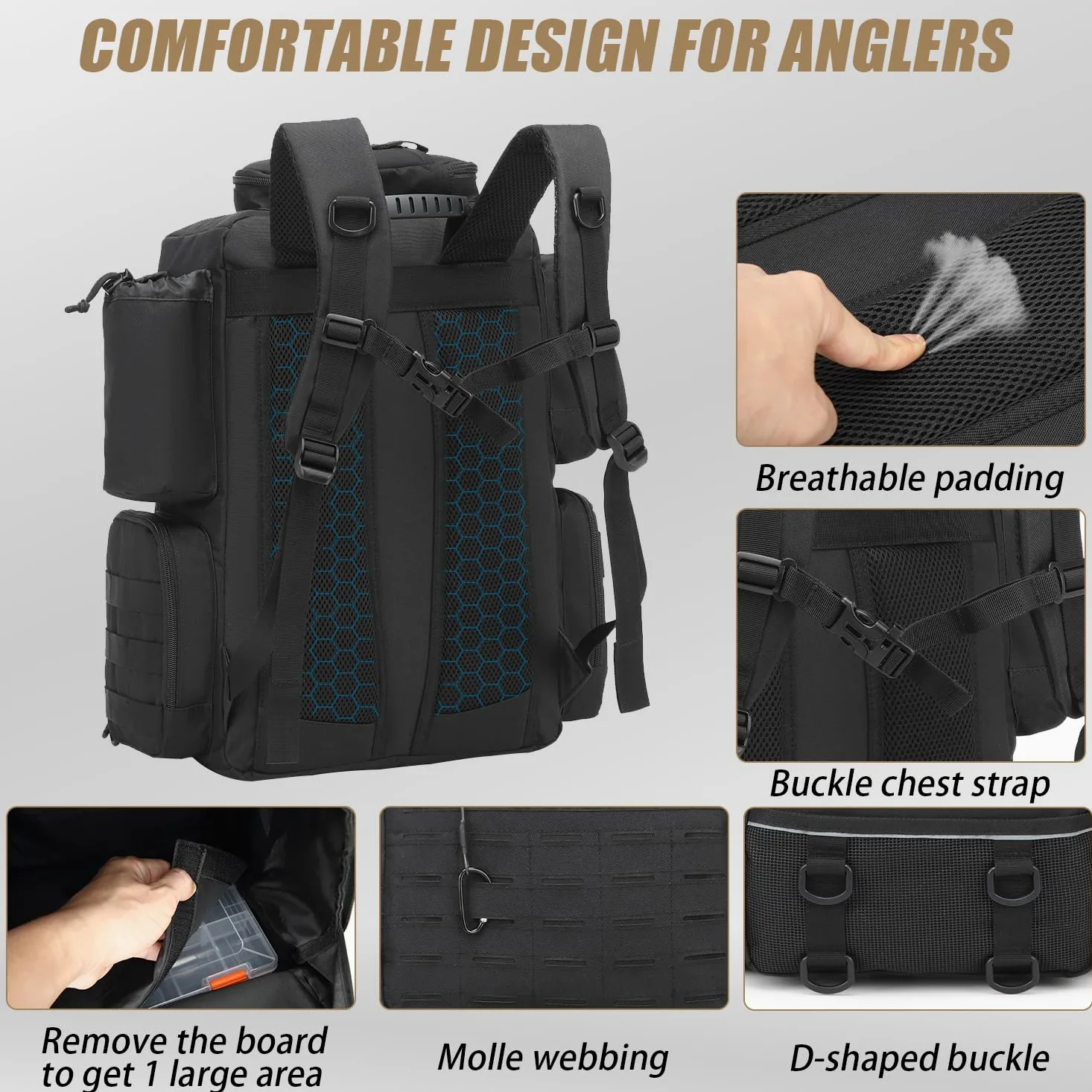 Mochila de Pesca de 50L con Soporte & Compartimento de Congelación para Cañas de Pescar, Resistente al Agua, táctico Mochila para Equipo de Pesca (Negro con 4 Cajas)