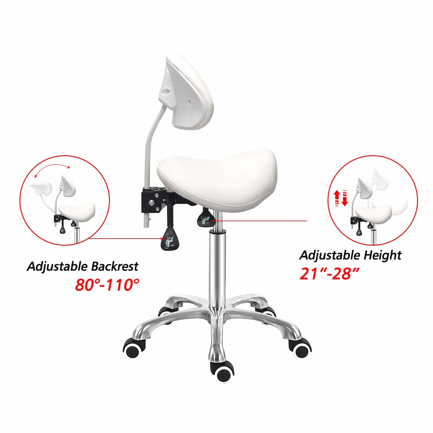 Antlu Silla de sillín con respaldo ajustable blanco para esteticista rodante salón spa clínica dental
