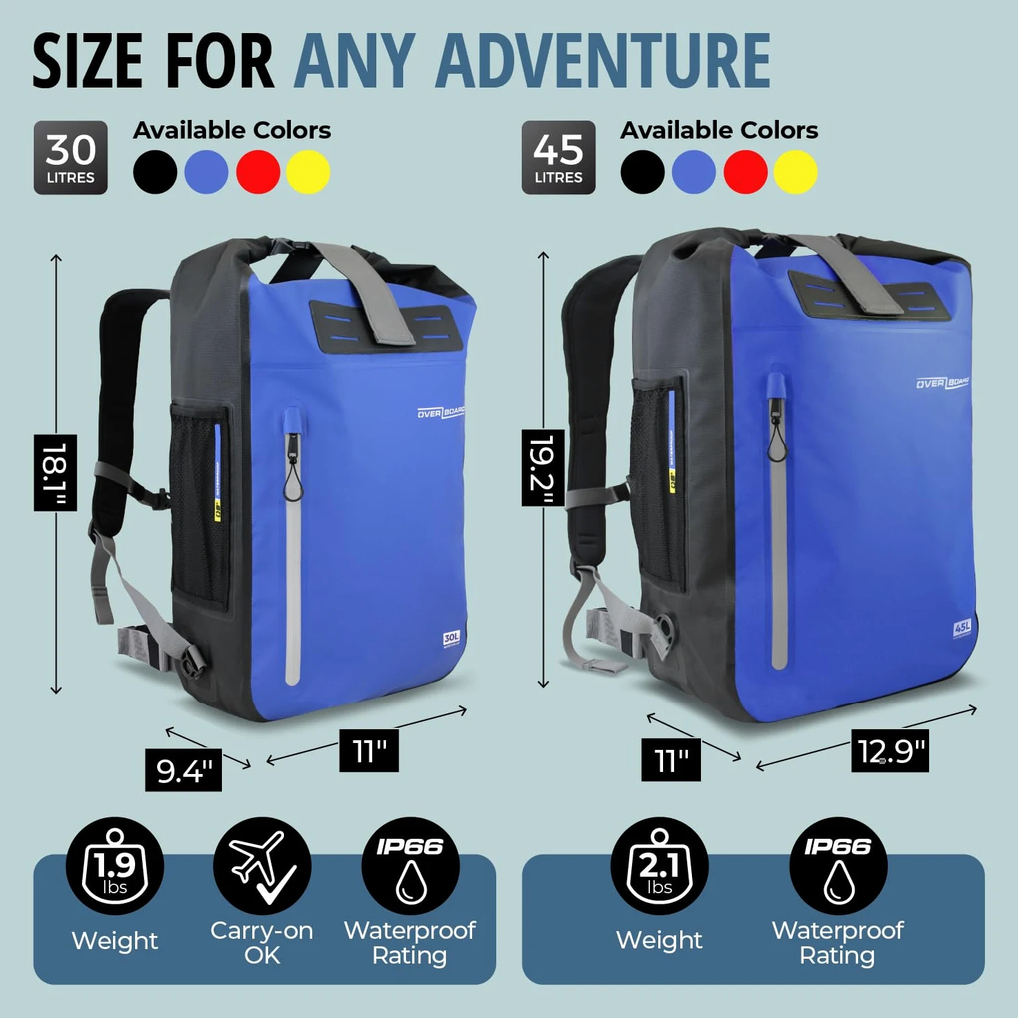 Overboard Mochila impermeable azul de 45 litros | Bolsa seca flotante enrollable para kayak, playa, canotaje, senderismo, pesca, rafting | Incluye funda impermeable para teléfono y organizador de