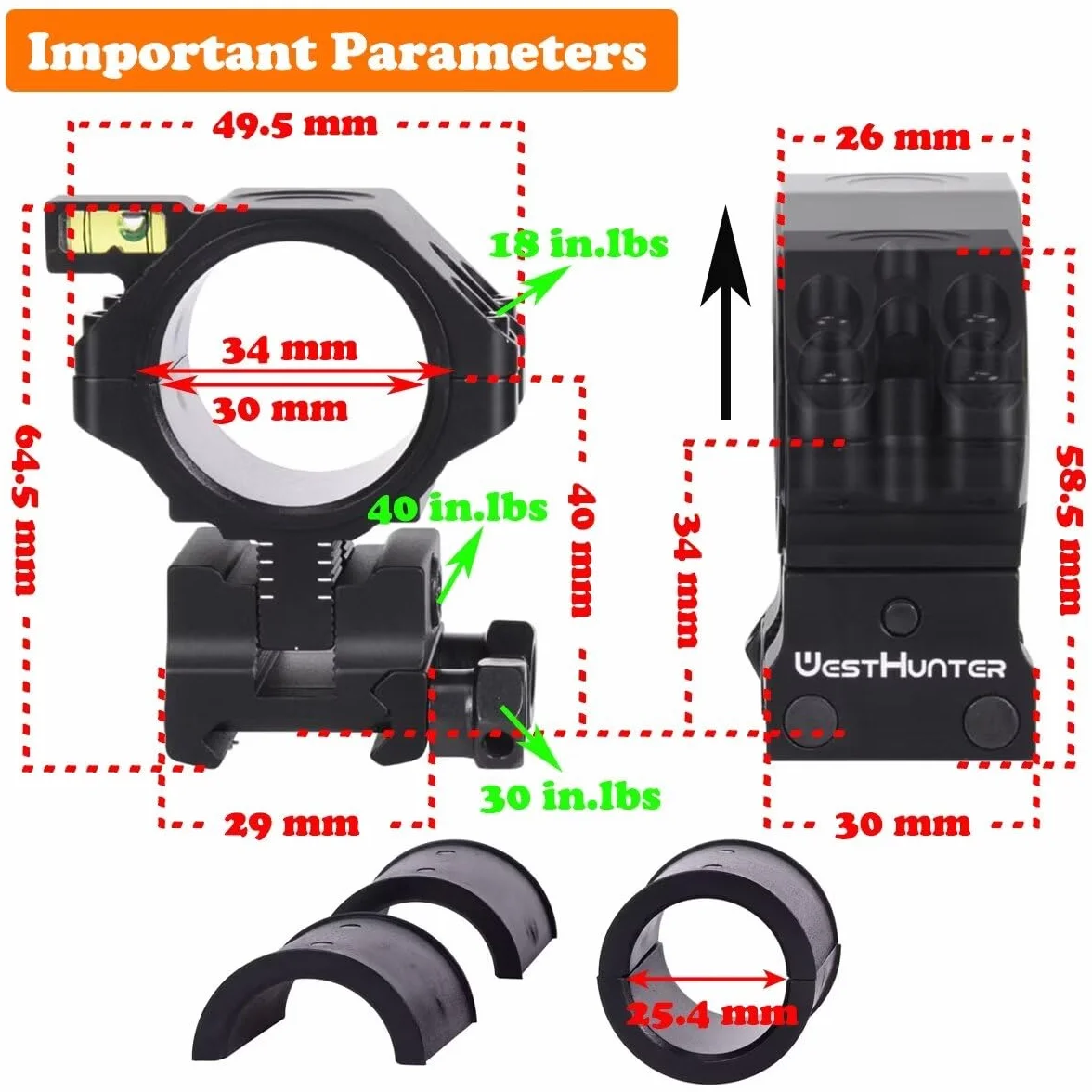 Anillas da Mira Telescópica Picatinny WestHunter Optics Precision, Montura de Mira Ajustable en Altura para Tubo de 34 mm, Únicamente para Actividades Deportivas | Black