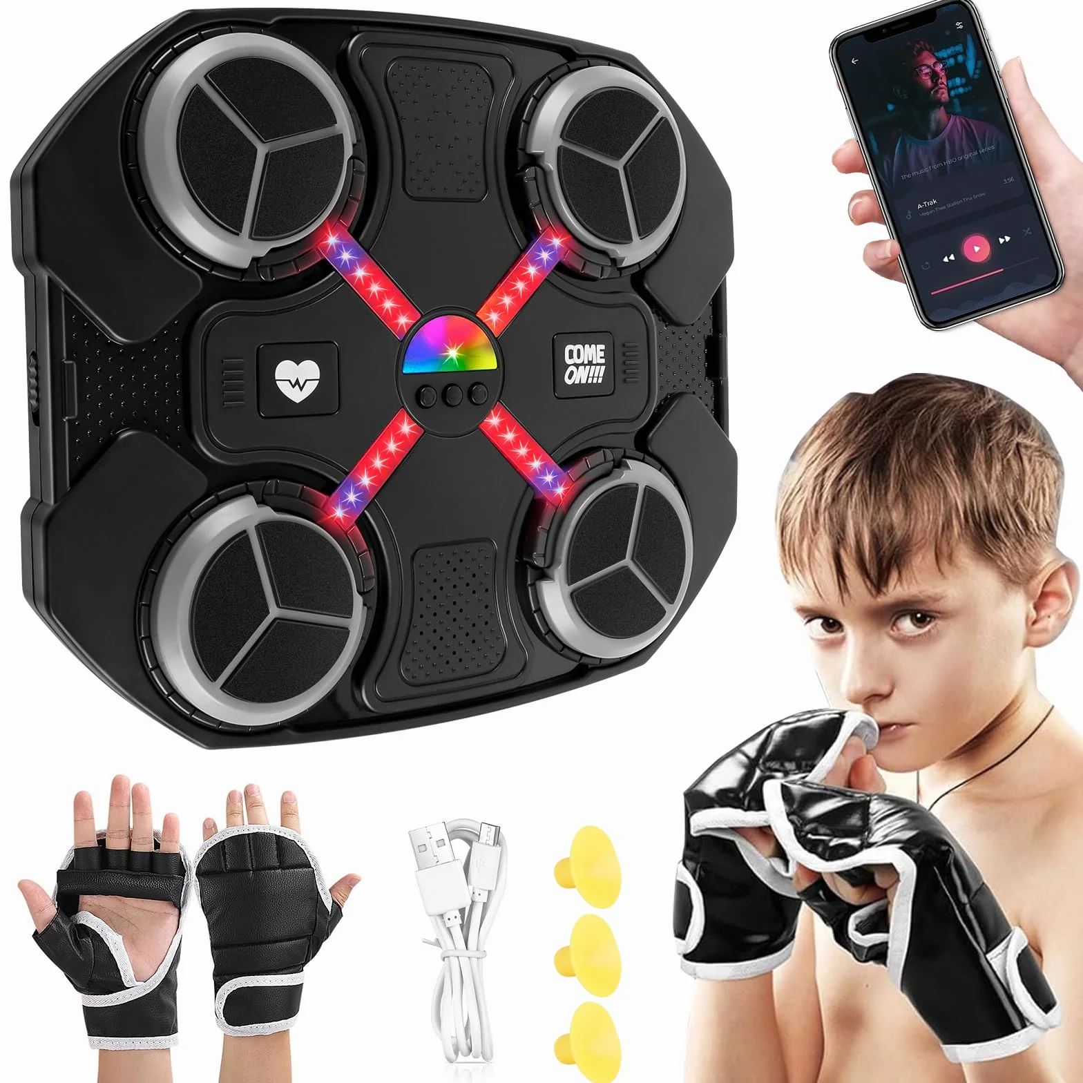 Máquina de Boxeo Musical Infantil Inteligente Bluetooth 3 Niveles Velocidad Guantes Luces Frías Montaje Pared