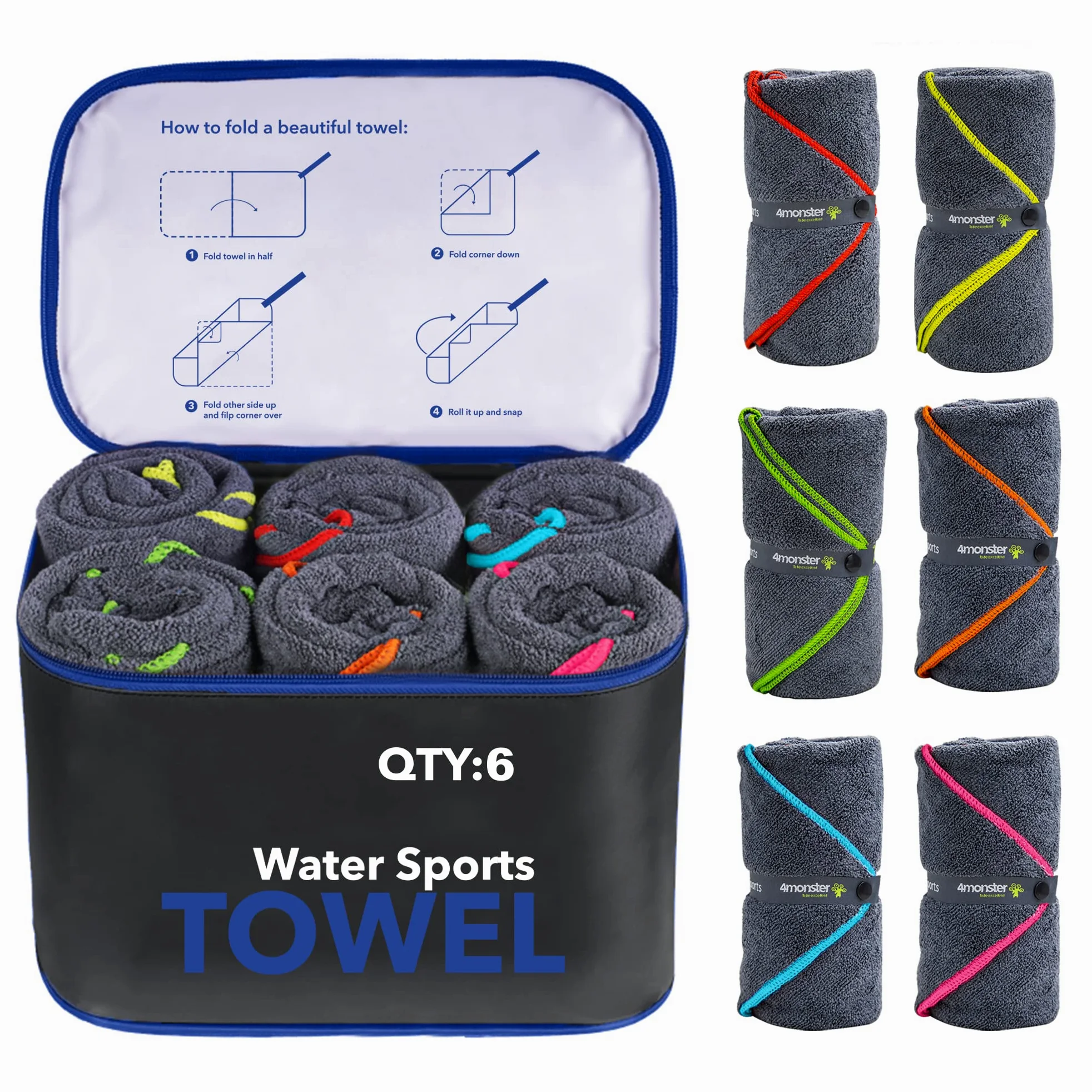 4Monster Paquete de 6 toallas de microfibra para gimnasio con bolsa de accesorios, toalla de viaje de secado rápido, súper ligera, ultra absorbente, toalla para deportes, yoga, natación, senderismo,