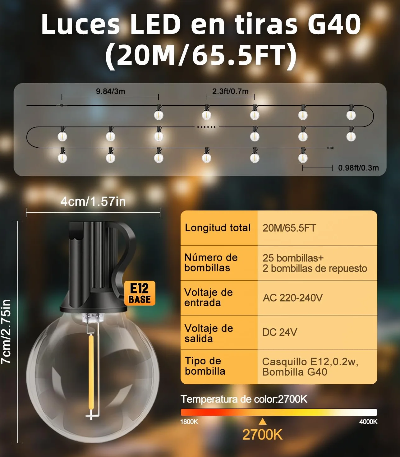 Guirnaldas Luces Exterior LED 20M G40 IP44 Impermeable Cadena de Luz Jardin