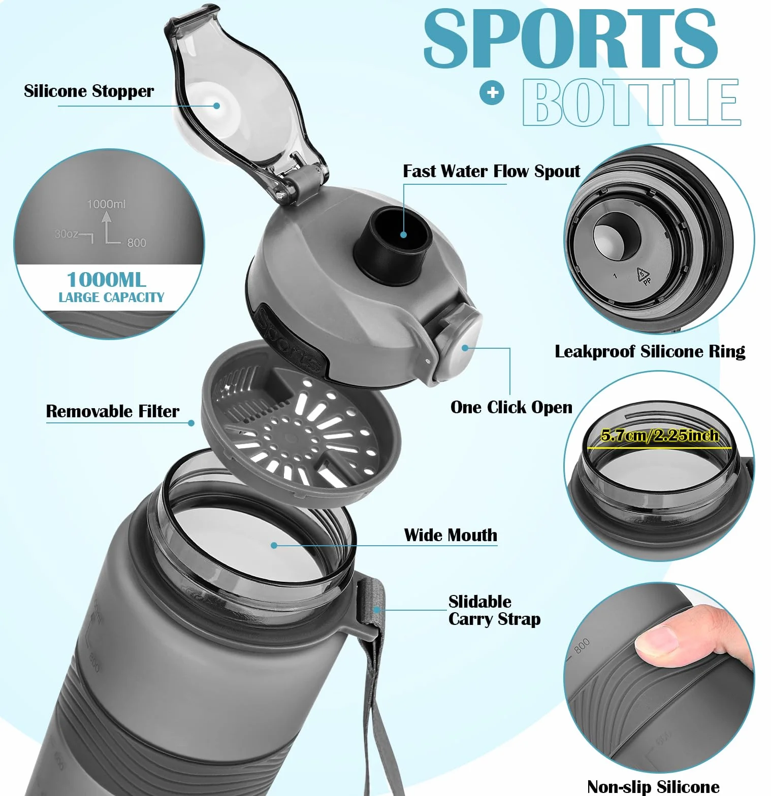 CodiCile Botella Agua, Botella de Agua Deportiva sin BPA, Botella Gimnasio a prueba de fugas, Botella agua 1 litro ideal para gym, escuela, oficina y viajes (Gris oscuro)