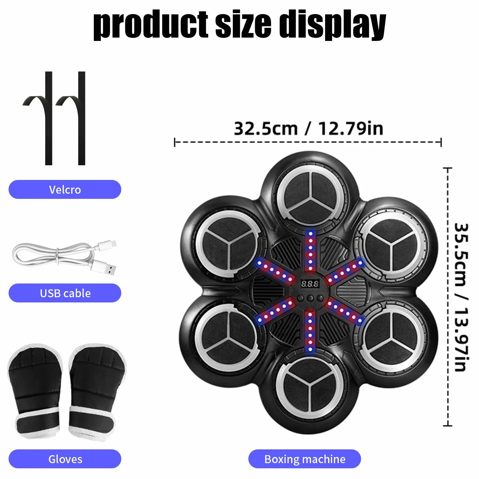 Máquina de Boxeo Musical LED con Guantes, 3 Modos Entrenamiento Bluetooth, Conteo Inteligente para Pared