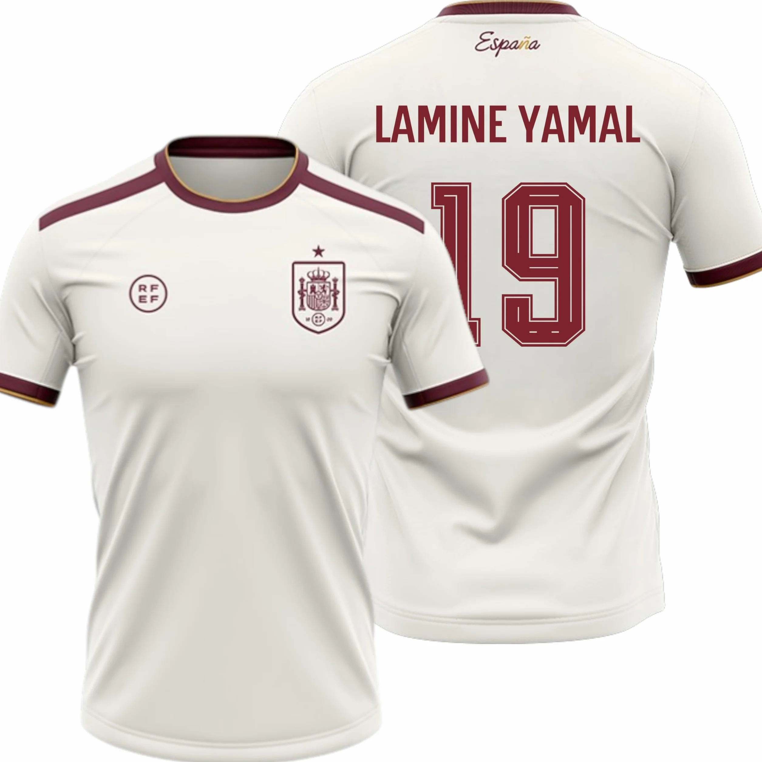 Camiseta España 2026-2028 | Lamine Yamal 19 Dorsal y Nombre | Color Blanco con Detalles Granate | Manga Corta | Diseño Futbol Aficionados | Tejido Transpirable Deportivo
