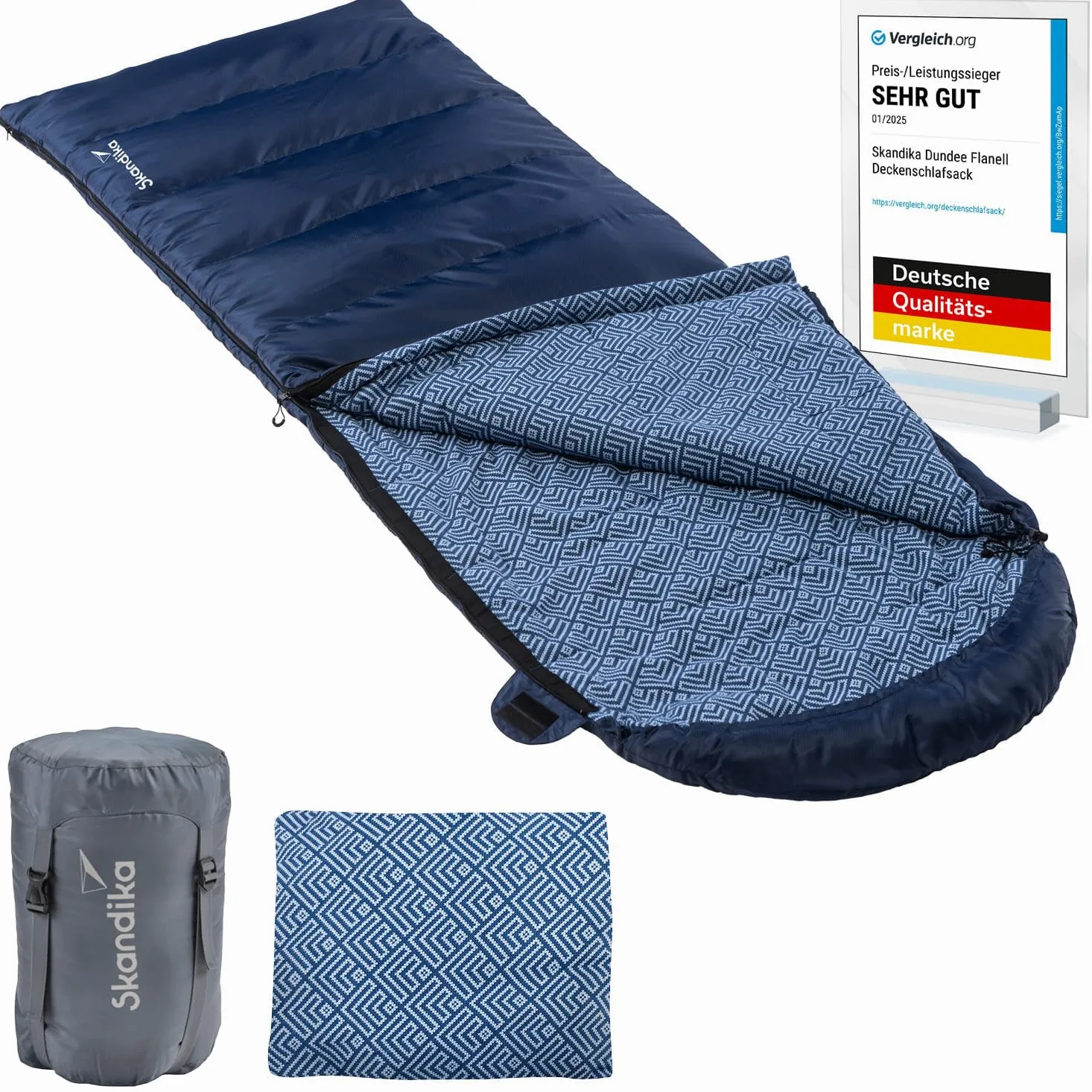 Skandika Dundee Saco de Dormir Tipo Manta | Calidad de Lujo, Forro de algodón/Franela, plumón hasta -20°C, 220x80 cm, acoplable, con Almohada | Outdoor Camping Senderismo