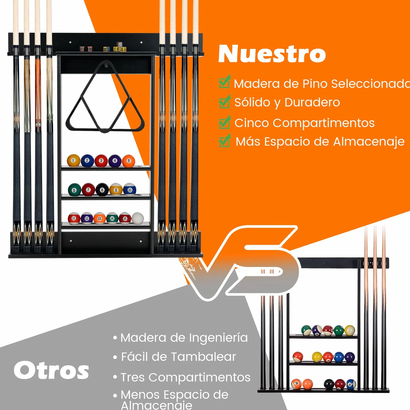 COSTWAY Billar Rack Madera Maciz Estante Palos 8 Tacos 15 Bolas 1 Soporte Equipo Compacto Sala Club Bar Negro
